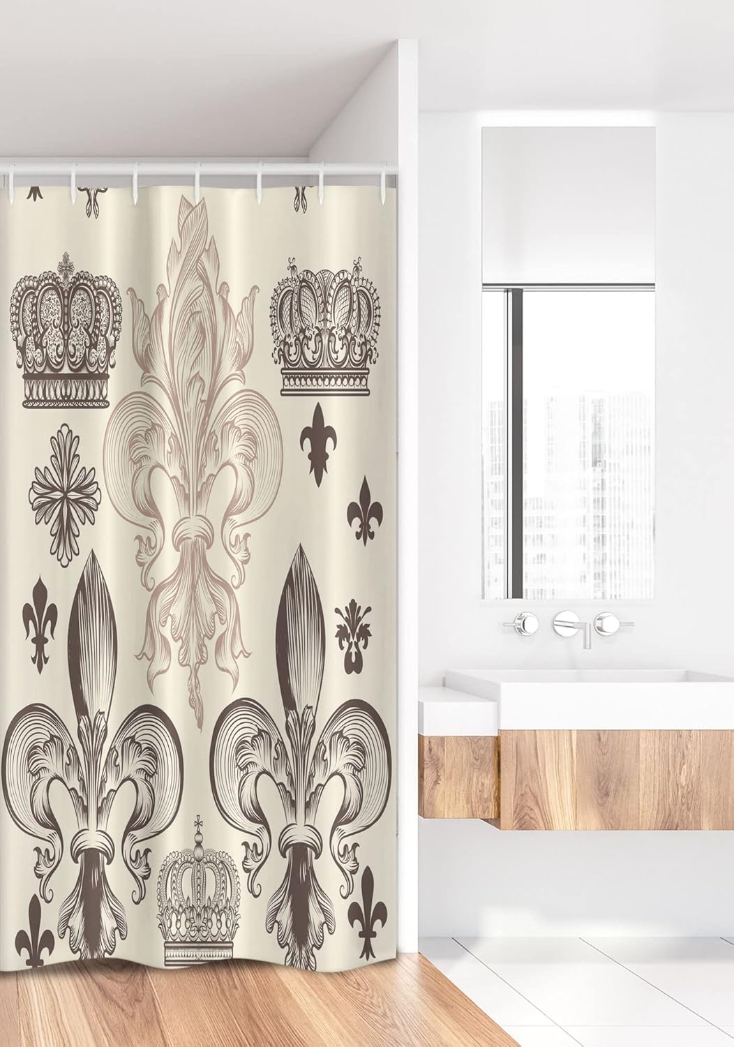 Ambesonne Fleur De Lis Stall Shower Curtain, Heraldic Pattern Royal Flower and Crowns Tiara Coat of Arms Knight, Fabric Bathroom Decor Set with Hooks, 36" W x 72" L, Beige Taupe