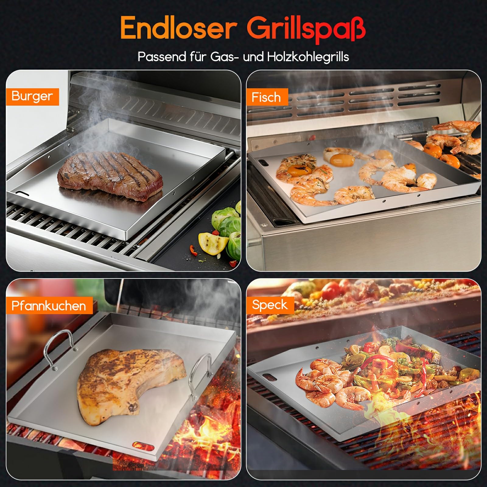 Plancha Grillplatte Edelstahl 40 x 30 cm, 4 mm Premium Plancha mit Griff