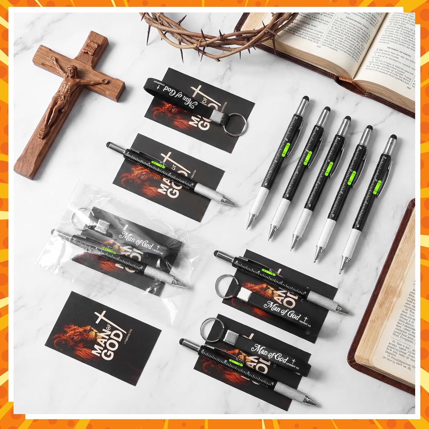 Quelay 30 Set Fathers Day Church Gifts Bulk Man of God Christian Gifts for Men 6 in 1 Multi Tool Pen with Silicone Keychain Religious Cards Multi Tool Gadget for Coworker Sunday School Pastor