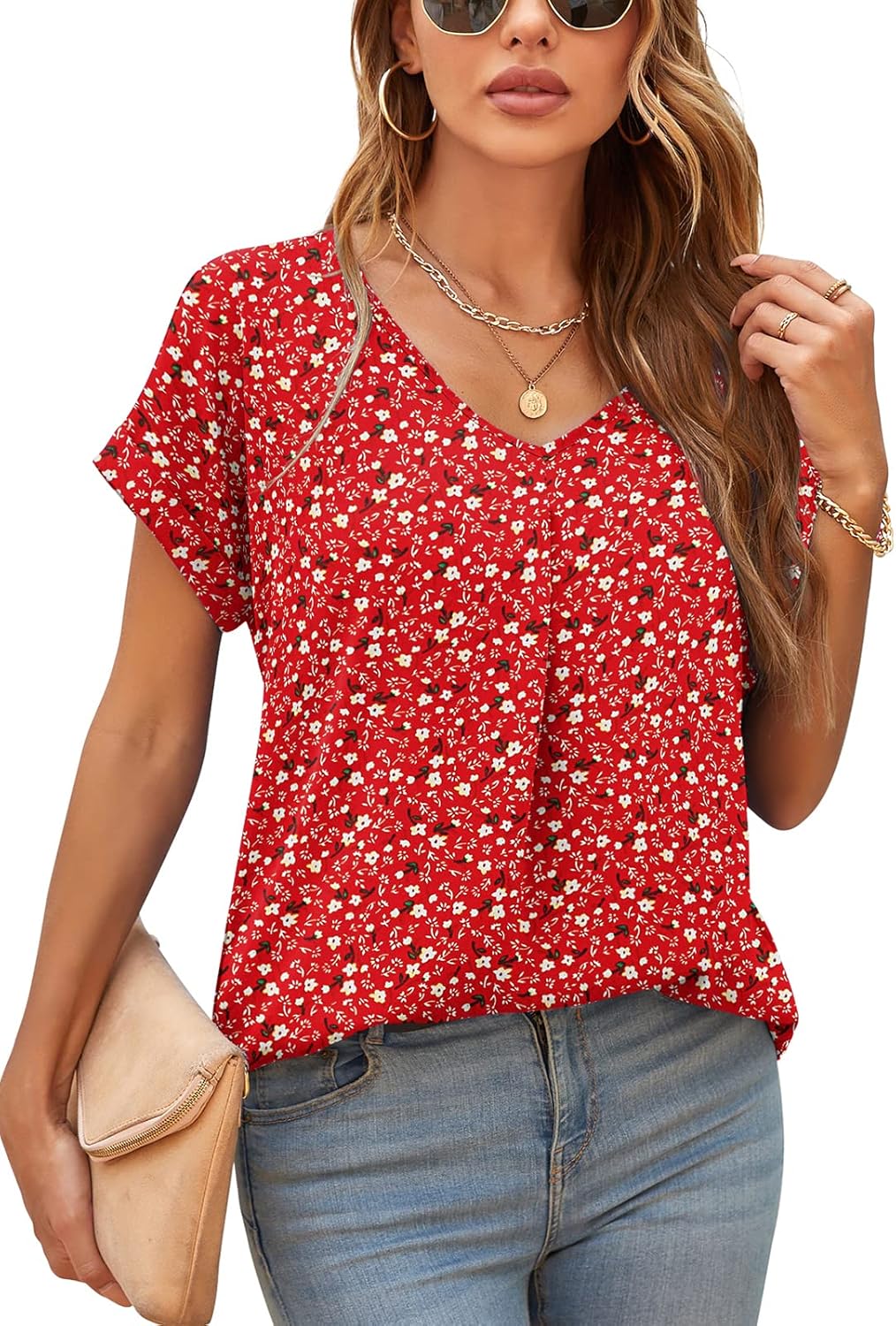 QUEZHU Summer Blouses for Women Elegant Casual V Neck Chiffon Blouses Tops Shirts