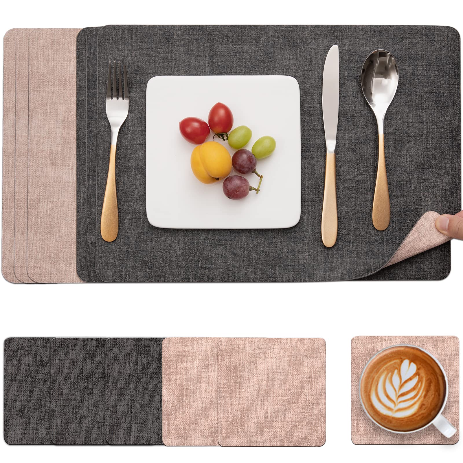 Myir JUN Placemats and Coasters Set of 6, Place Mats Dual Sided Faux Leather Table Mats PU Indoor Outdoor Heat Resistant Placemat Square Non Slip Wipeable Washable Dining Restaurant (Grey Pink)