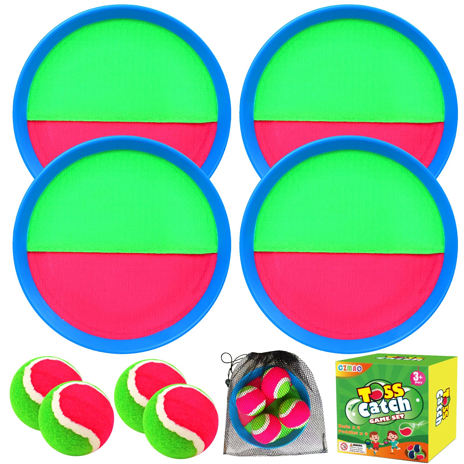 CZMAO Juego de Pelota para Niños, 4 Velcro Ball Paddles y 4 Velcro BallLanzamiento Pelota Juegos Juguetes Playa Agua Jardin Exterior Interior Piscina Terraza para Niños Niña Infantiles Adultos