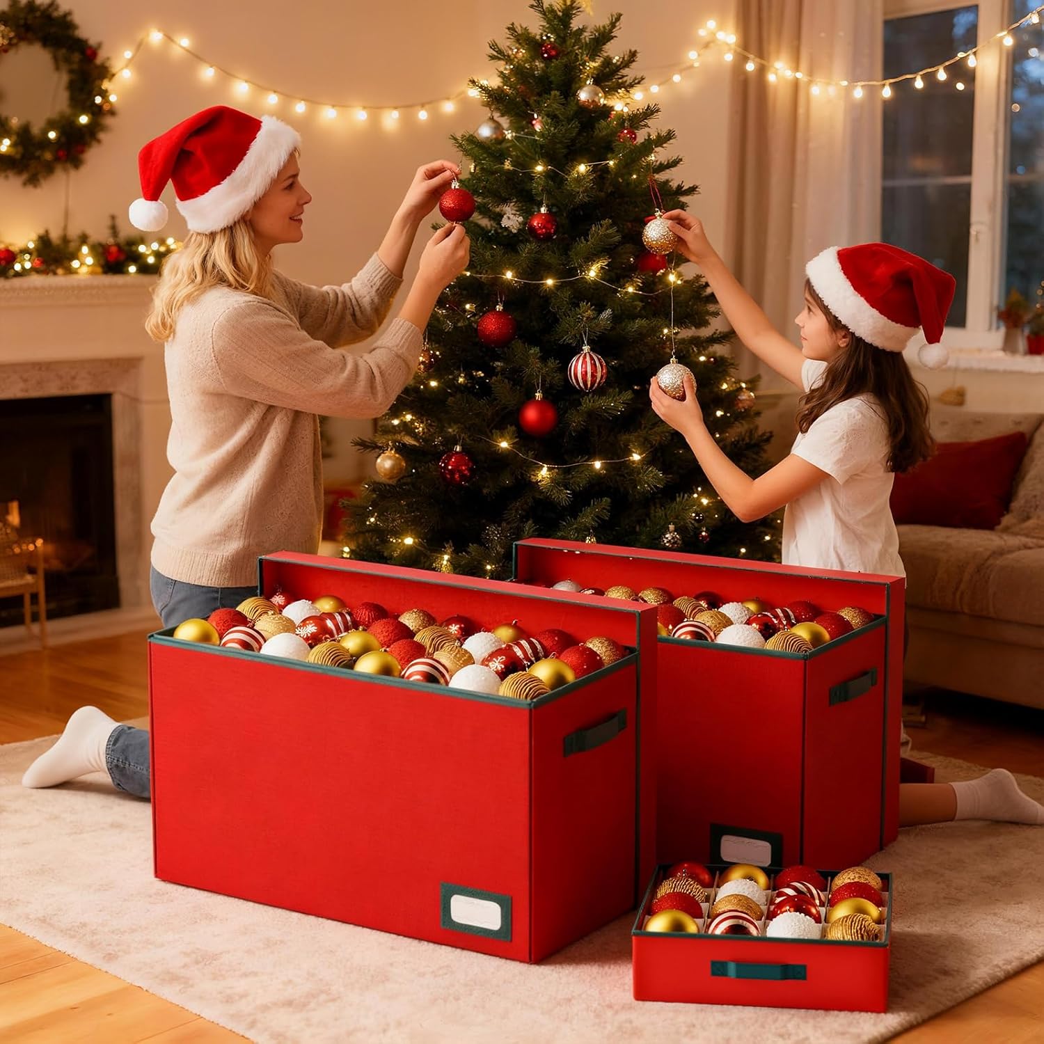 Christmas Ornament Storage Box-Hold 128 Ornaments, Xmas Ornament Organizer Storage box with Lid and Adjustable Dividers, Extra Large Holiday decorations Storage Container with Individual Trays, Red - Image 8