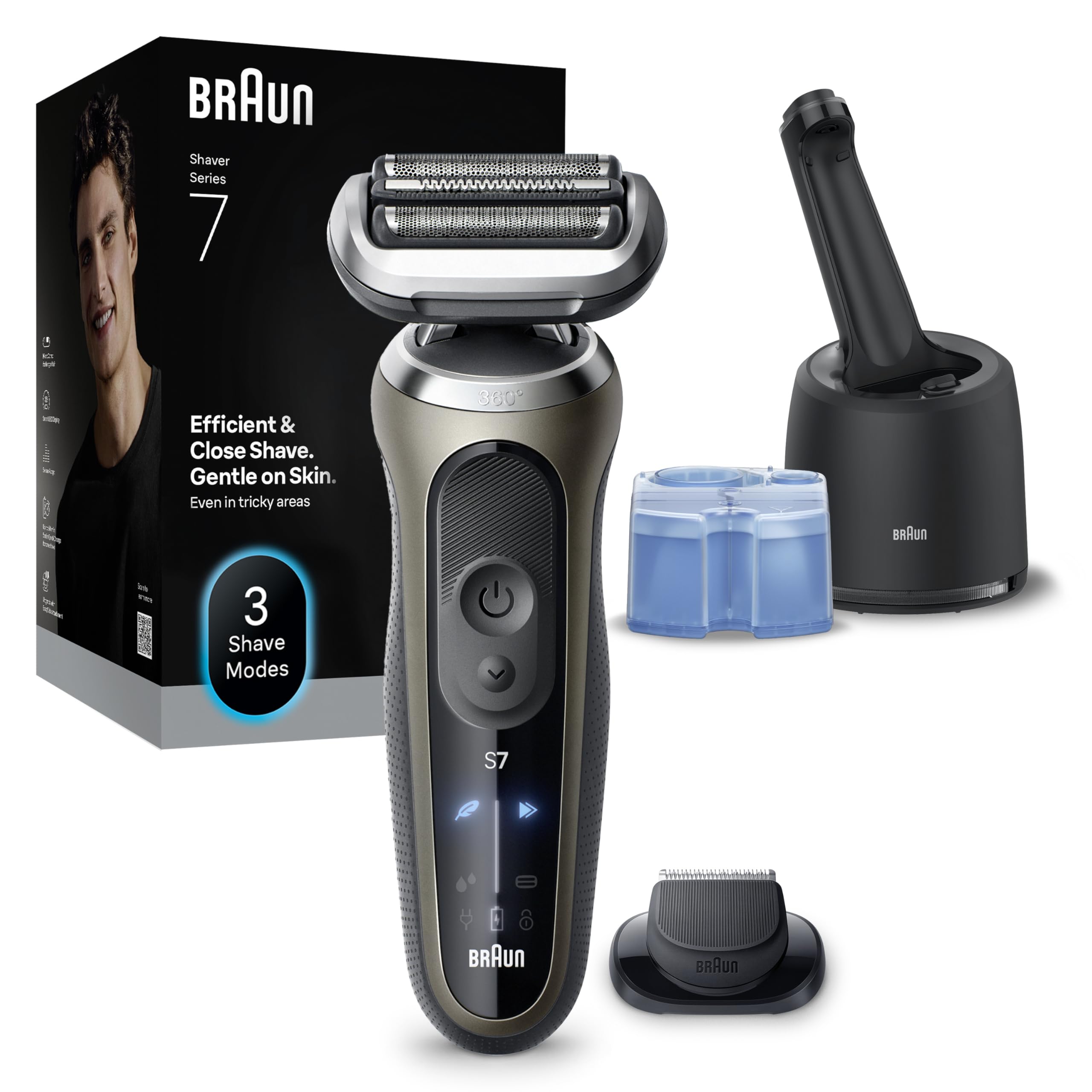 Braun Series 7 Elektrorasierer Herren, Rasierapparat mit 60 Min. Akkulaufzeit, 4in1 SmartCare Reinigungsstation, +1 Aufsatz, Kabelloser Nass- und Trockenrasierer, Wasserdicht, 72-C7200cc, Gold