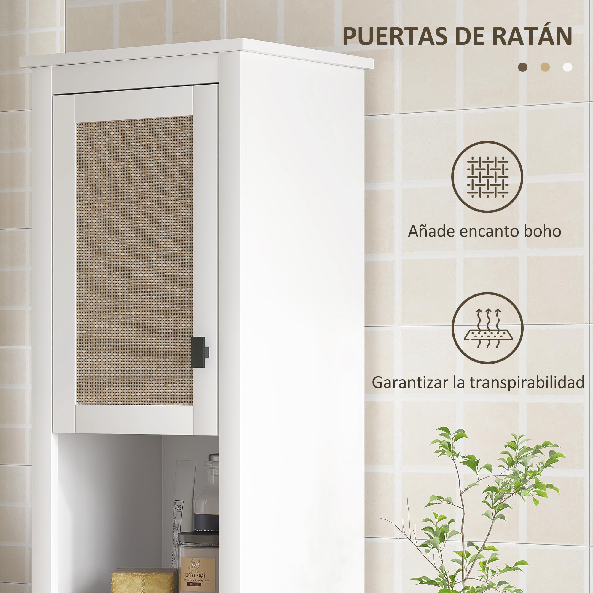 HOMCOM Columna de Baño 2 Puertas y 2 Compartimentos 40x30x167,5 cm Blanco | Frontal de Ratán, Armario Alto de Baño Boho, Estantes Ajustables
