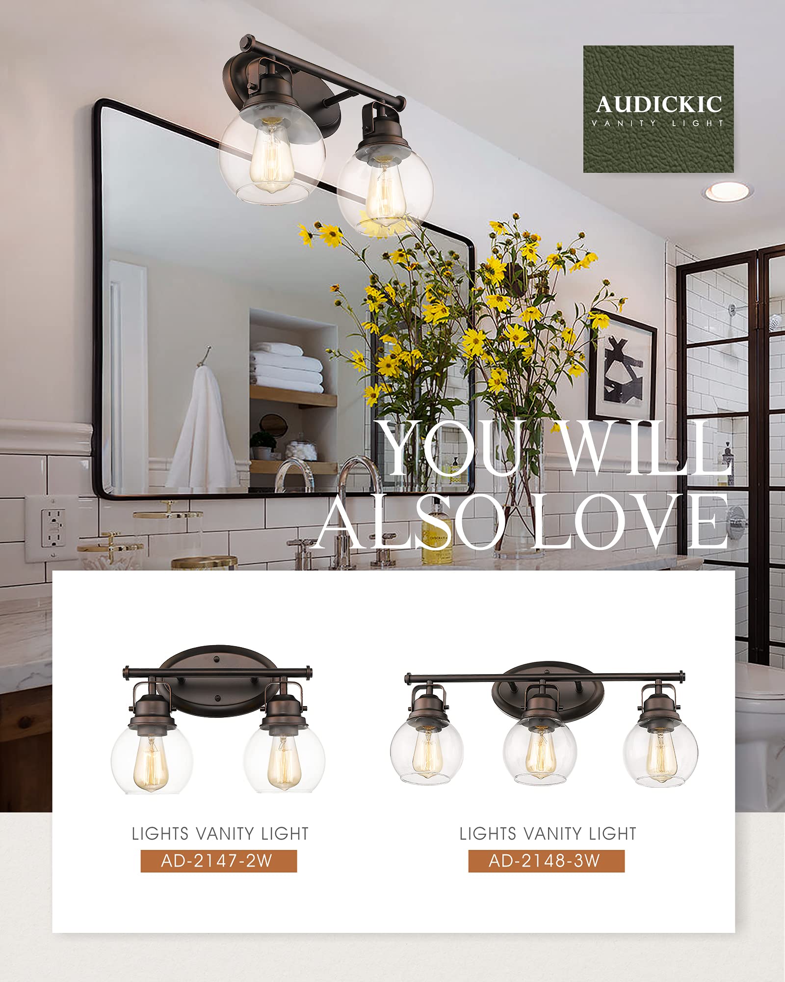 Audickic Farmhouse Vintage Bathroom Vanity Light, 2-Light Wall Mount Lighting Sconce Over Mirror, Oil Rubbed Bronze Finish and Clear Glass, AD-2147-2W