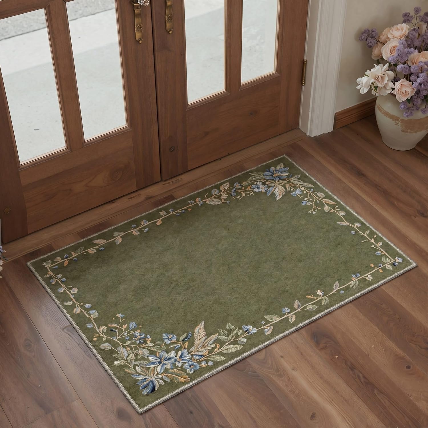 Bavni 2x5 Runner Rug Non Slip Washable Low Pile, Kitchen Rugs for Hallway Laundry Room Bedroom Bathroom, Print Pattern Light Weight Floral Border, Olive