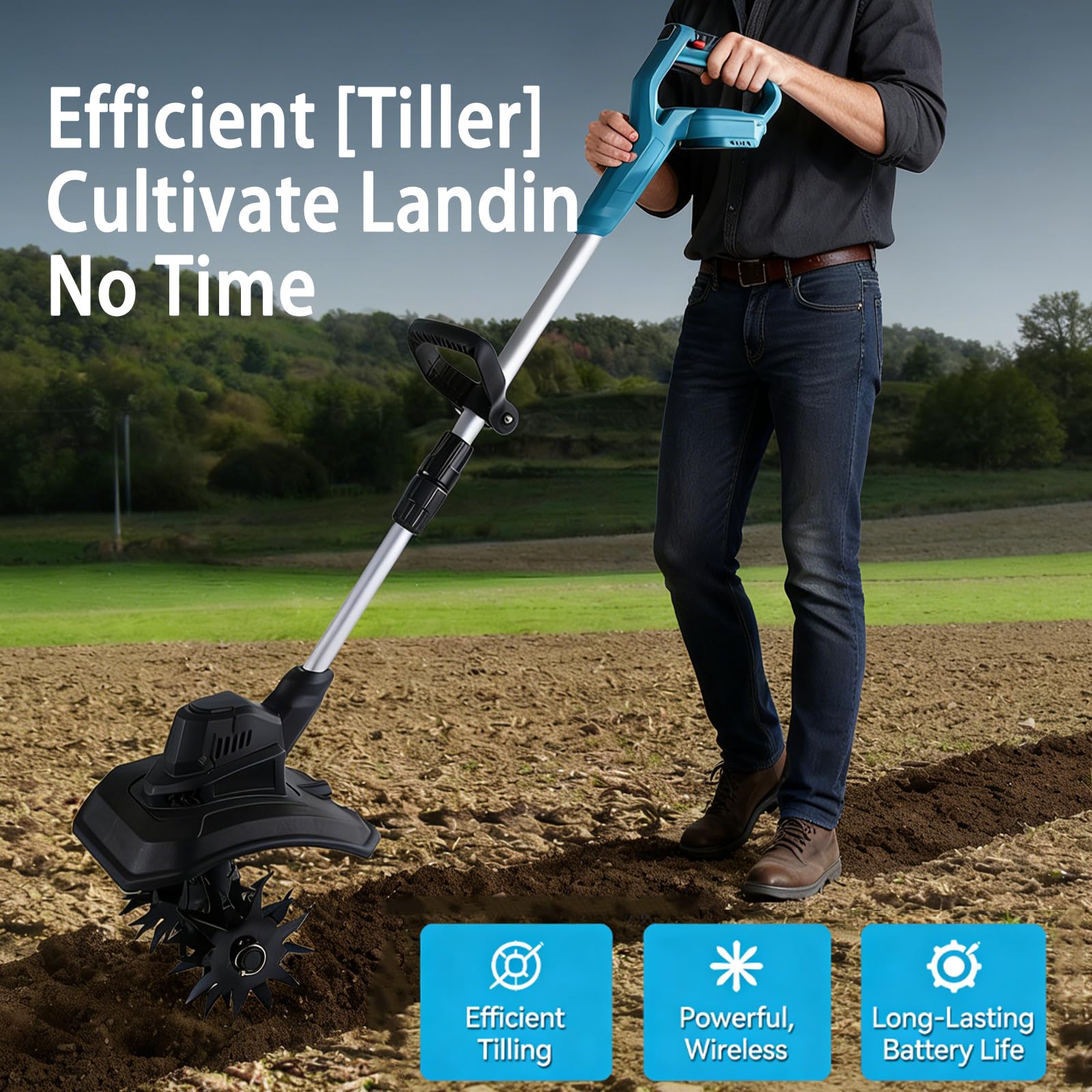 Motocoltivatore Elettrico da Giardino, Lunghezza Regolabile, Profondità di Lavorazione 16 cm, Larghezza di Lavorazione 23 cm