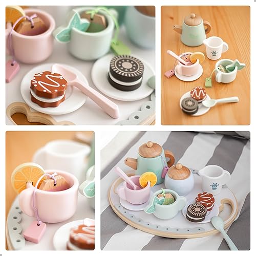 Miniatura 3 de UMU Juego de té de madera para niños  Juguete de fiesta de té con tazas coloridas, bolsas de té, rodajas de limón y más  Juguete Montessori para