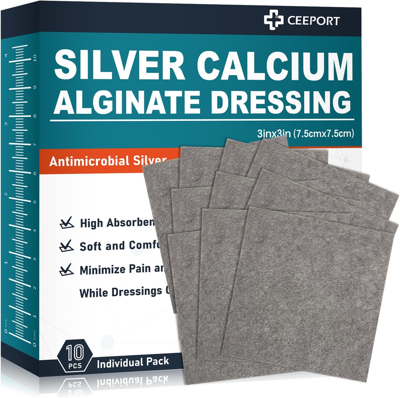 Ceeport Ag Silver Calcium Alginate Wound Dressing Pads 3'' x 3'' (Pack of 10), Soft Highly Absorbent Silver Wound Dressing, Non-Adhesive Dressing for Wound Care, Painless Removal Gauze Pads for Wounds