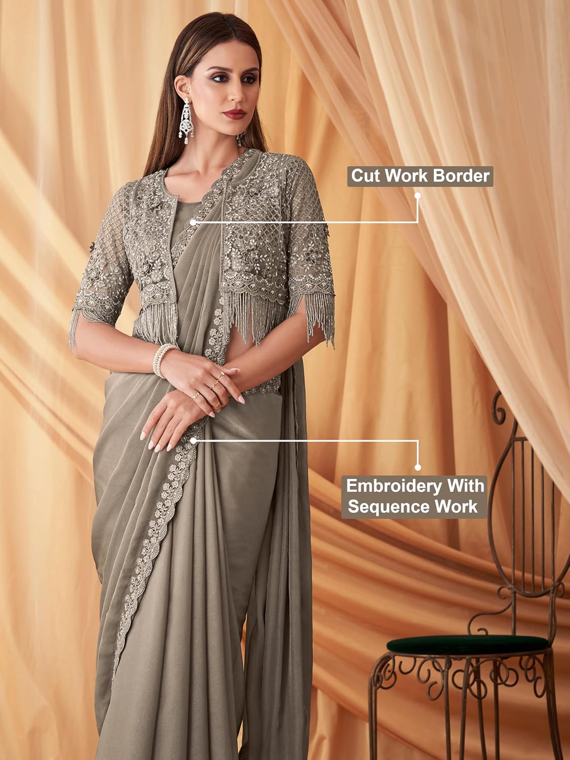TRENDMALLS Women's Satin Embroidery With Sequence Work Saree with Unstitched Shrug and Blouse (K1165-Grey)