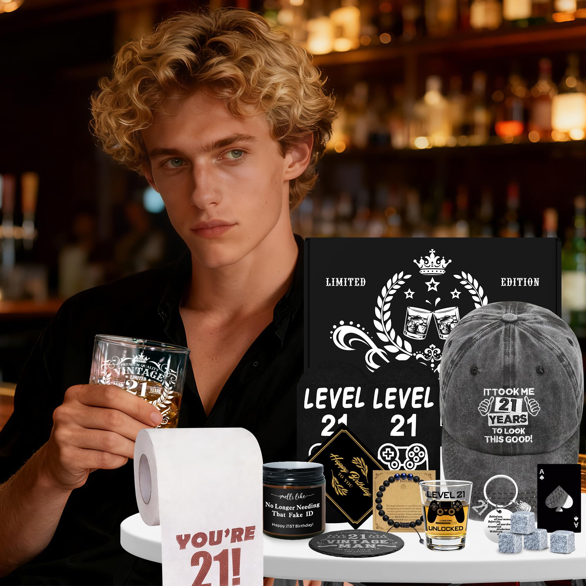 16 Pcs Happy 21st Birthday Gifts for Him, 21 Year Old Boy Birthday Party Gifts with 11 Oz Whiskey Glass 1.7 Oz Shoot Glass Coaster Hat Socks for Men, Son, Nephew, Grandson, Brother, Boyfriend, Friends