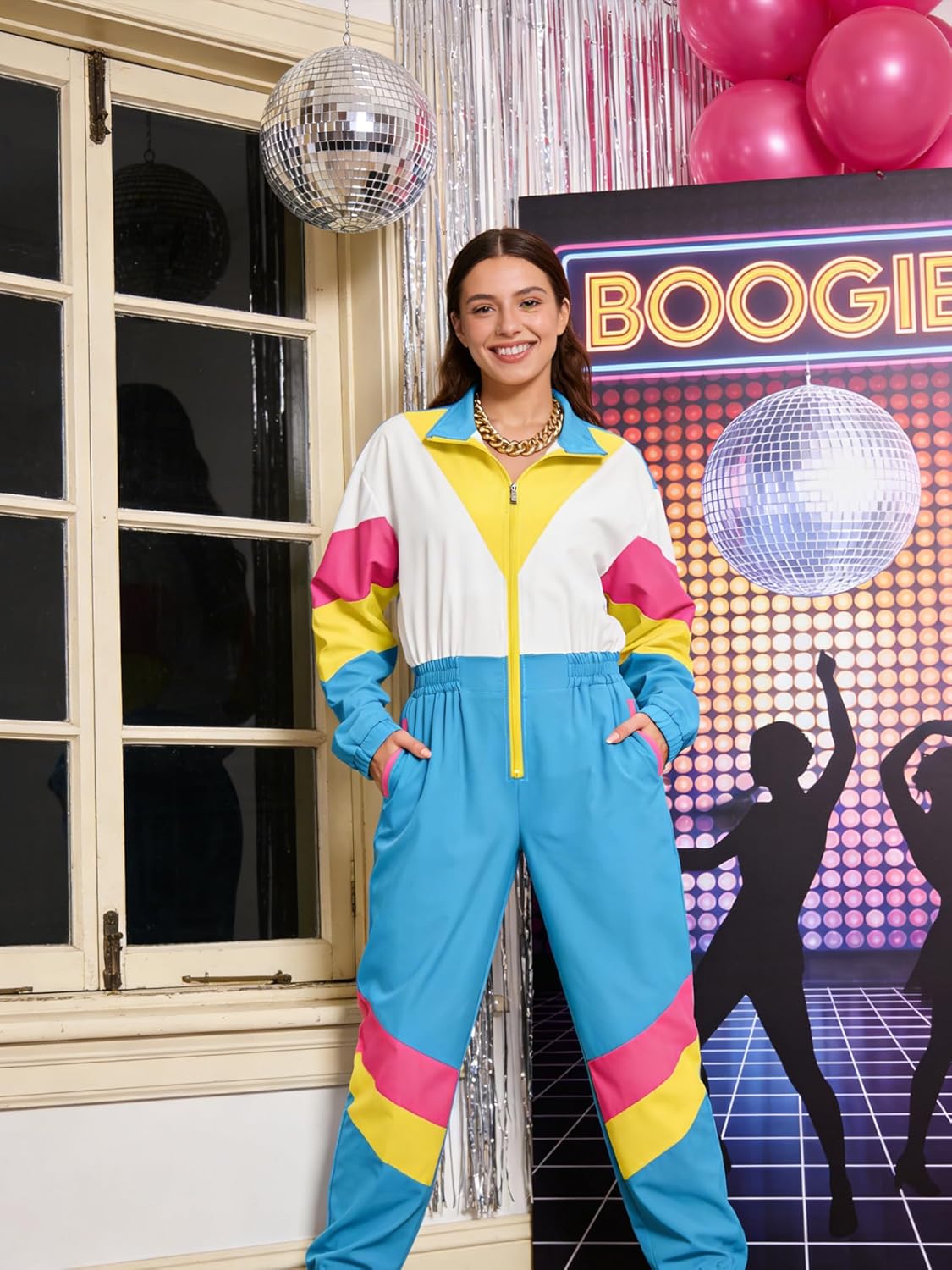 UOUA 80s Outfit for Women 90s Costume Jumpsuits Long Sleeves Windbreaker One Piece Party Tracksuit - Image 5