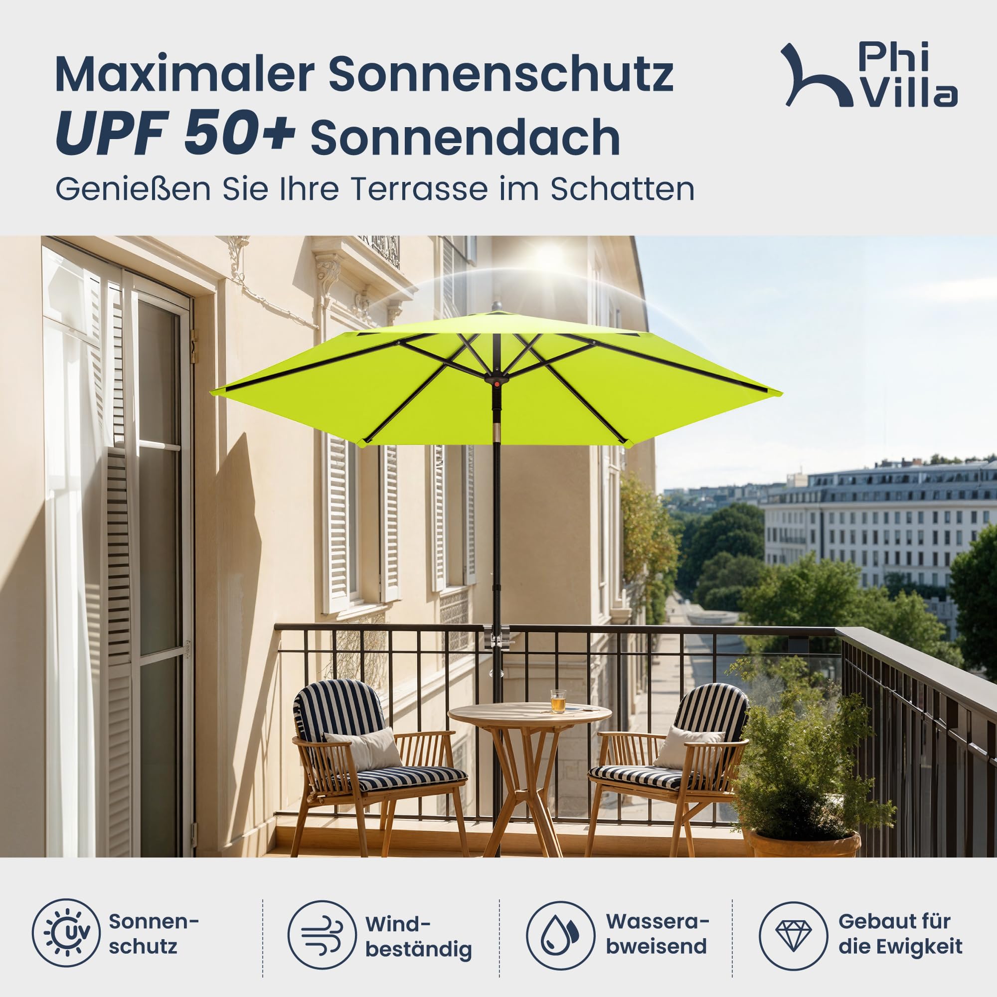 PHI VILLA Ø 230 x 220 cm Parasol rond avec pince Parasol de jardin inclinable coupe-vent stable à emporter Protection UV50+ pour balcon, terrasse, balustrade de balcon, table