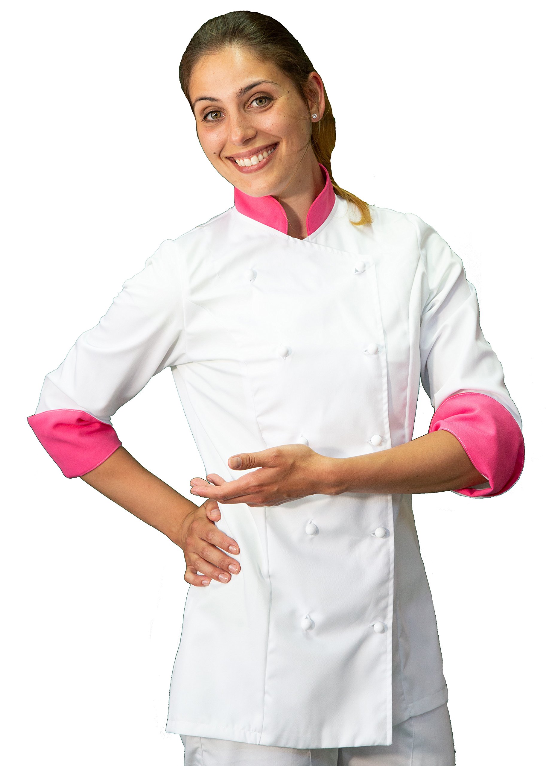 tessile astorino Ricamo Gratuito - Completo Cuoco da Cucina - Bianco e Fuxia - Divisa Chef Donna - Pantalone, Giacca e Grembiule - Made in Italy (Large)