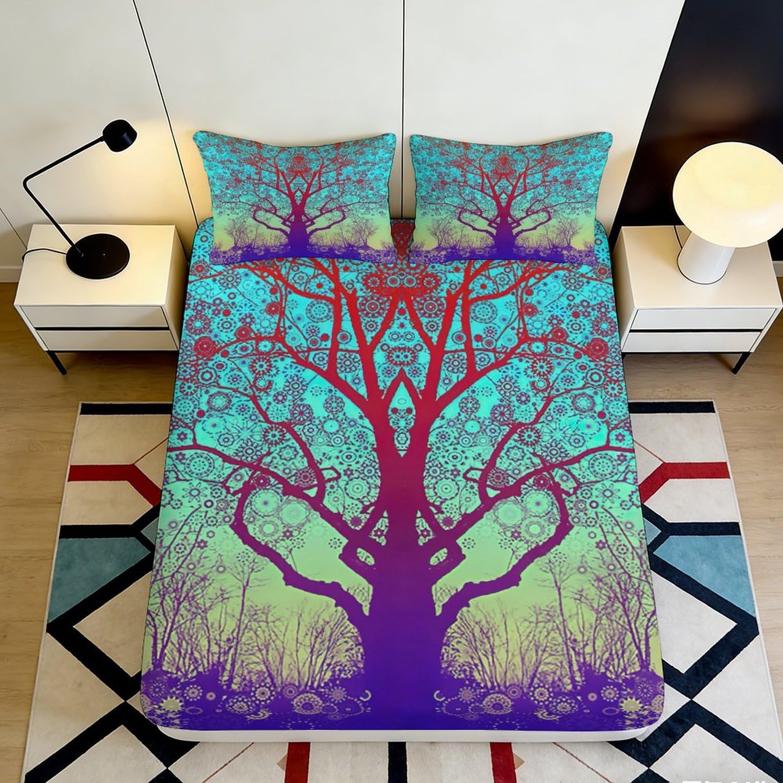 3D Printed Fantasy Tree Fitted Sheet Microfiber Deep Pocket Non-Slip Bedroom Bedding Tree Mattress Fitted Cover Washable 90x200x25cm