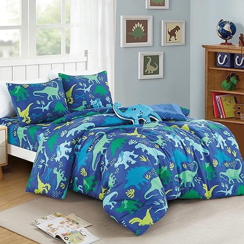 Juego de edredón con estampado de dinosaurios azules para niños, niñas y adolescentes, ropa de cama de tamaño individual para dormitorio de niños