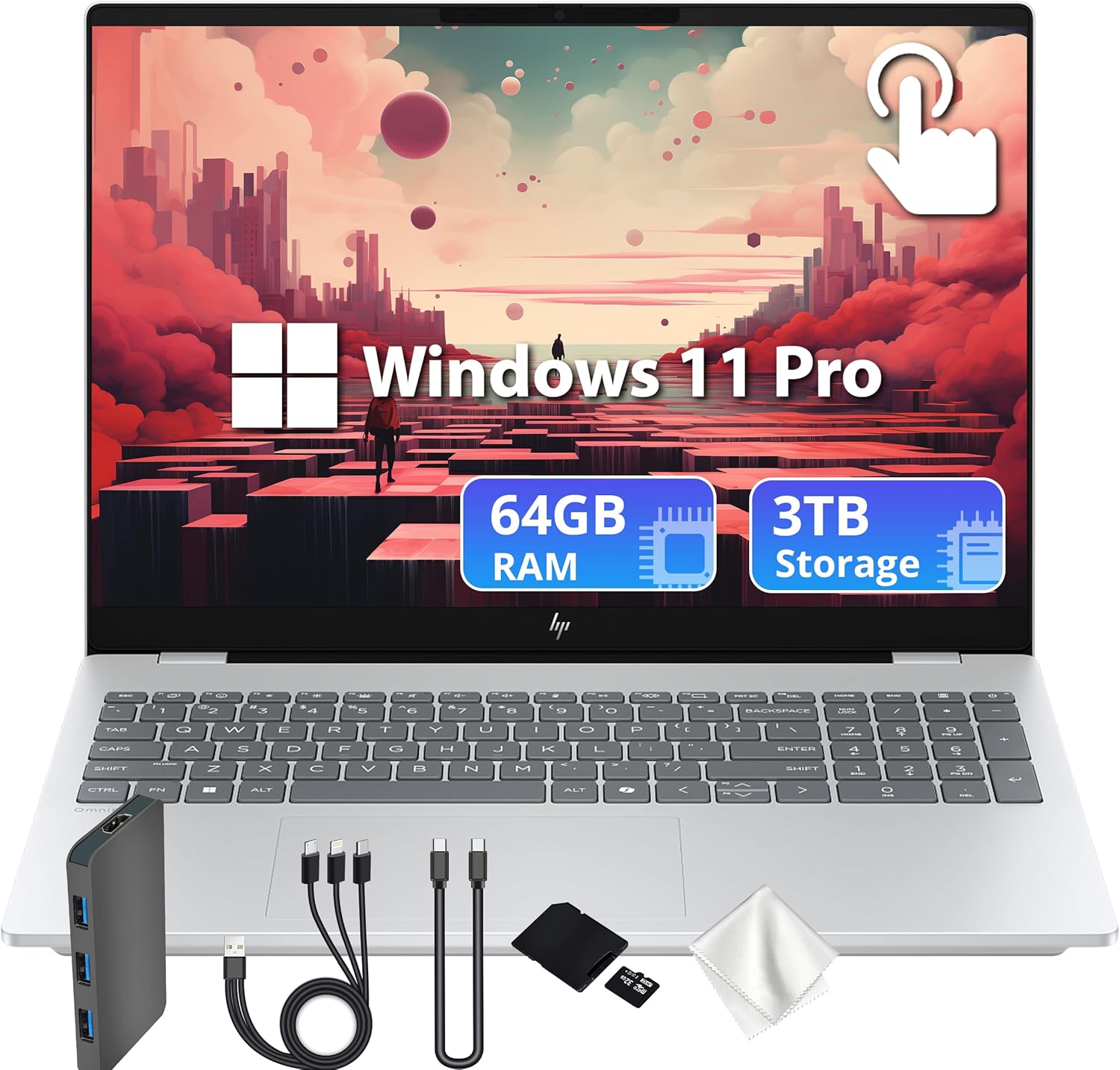 HP OmniBook 7 16" 2K OLED Touchscreen Laptop, Intel Core 9 270H, Intel Graphics, 64GB DDR5, 3TB Storage (2TB SSD+1TB Docking Station), Backlit Keyboard, Number Pad, Wi-Fi 7, Copilot, Win11 Pro, Silver