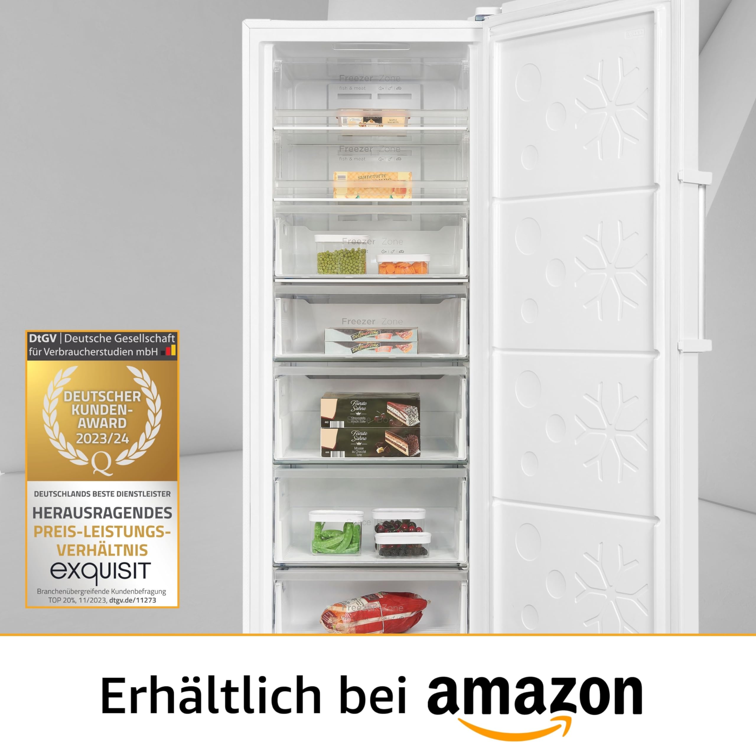 Exquisit GS380-NF-H-050D Gefrierschrank - No Frost, 380 L, Weiß | Großer Standgefrierschrank mit 380 Litern Nutzinhalt, 4-Sterne-Gefrierleistung, LED-Licht und Alarm-Funktion