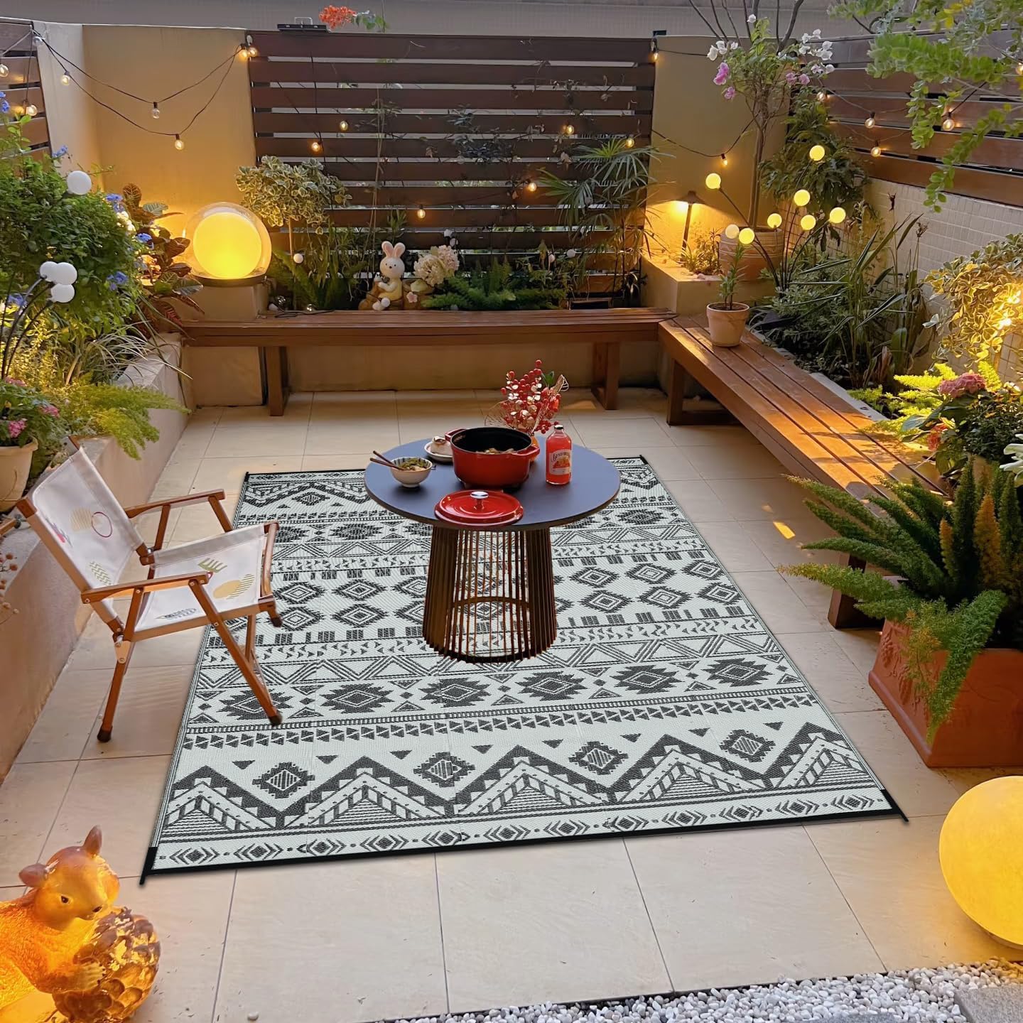 Reversible Outdoor Rug 9x12 ft, Waterproof Plastic Straw Patio Camping Rugs, Outdoor Indoor RV Mat Carpet for Patio, Outside Entry, Backyard, Deck, Bench, Picnic, Camping, Black/Grey