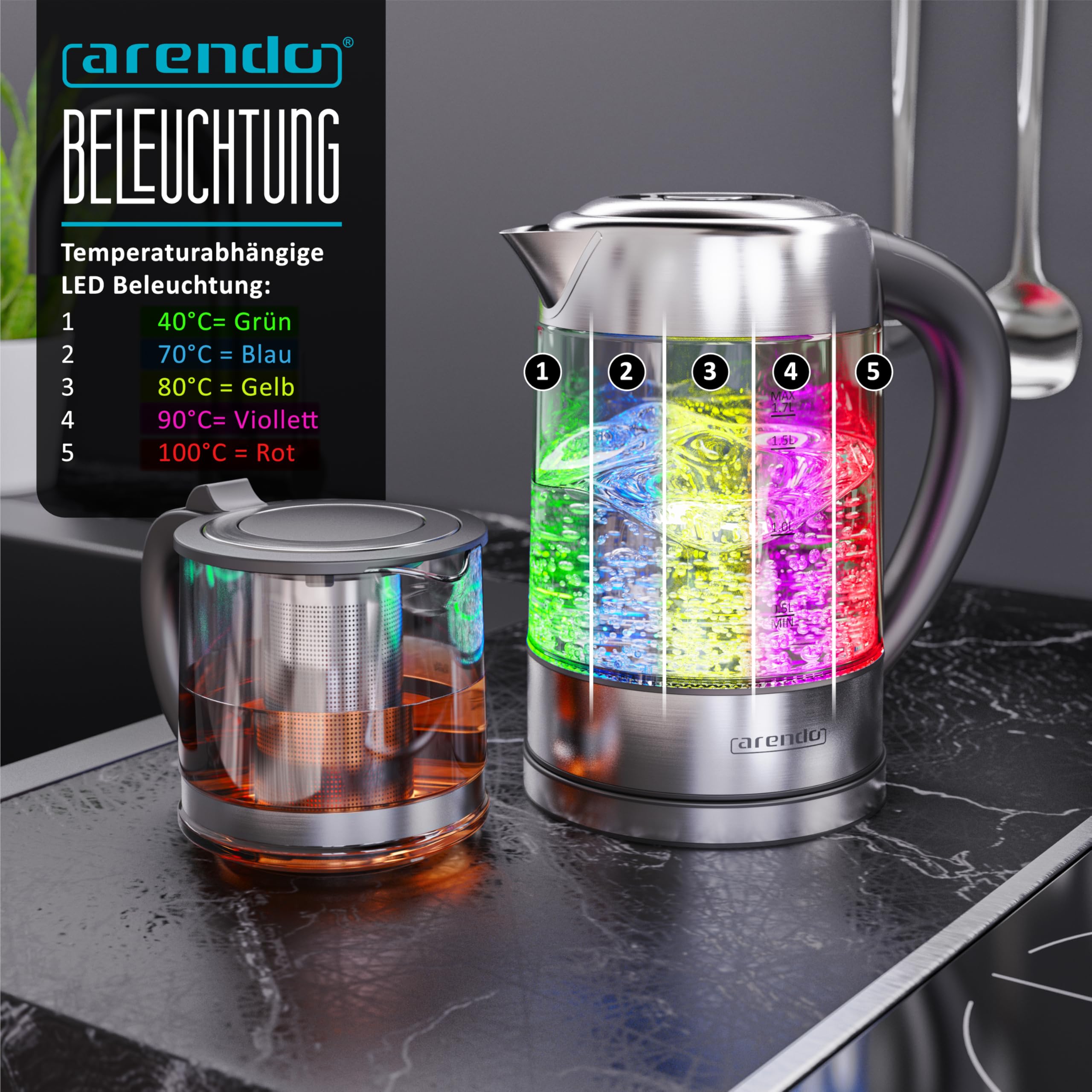 Arendo - Glas Wasserkocher mit Temperatureinstellung 1,8 Liter - Teekocher 0,8 Liter mit Sieb - 2200 W – Überhitzungsschutz – Temperaturauswahl 40° - 100°C - Warmhaltefunktion - LED Beleuchtung