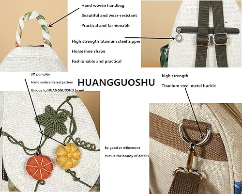 Vista 91 de HUANGGUOSHU Mujer de algodón tejido bohemio cáñamo Boho lona bordado múltiples bolsillos retro linda mochila cartera mochila mochila gato caprichoso