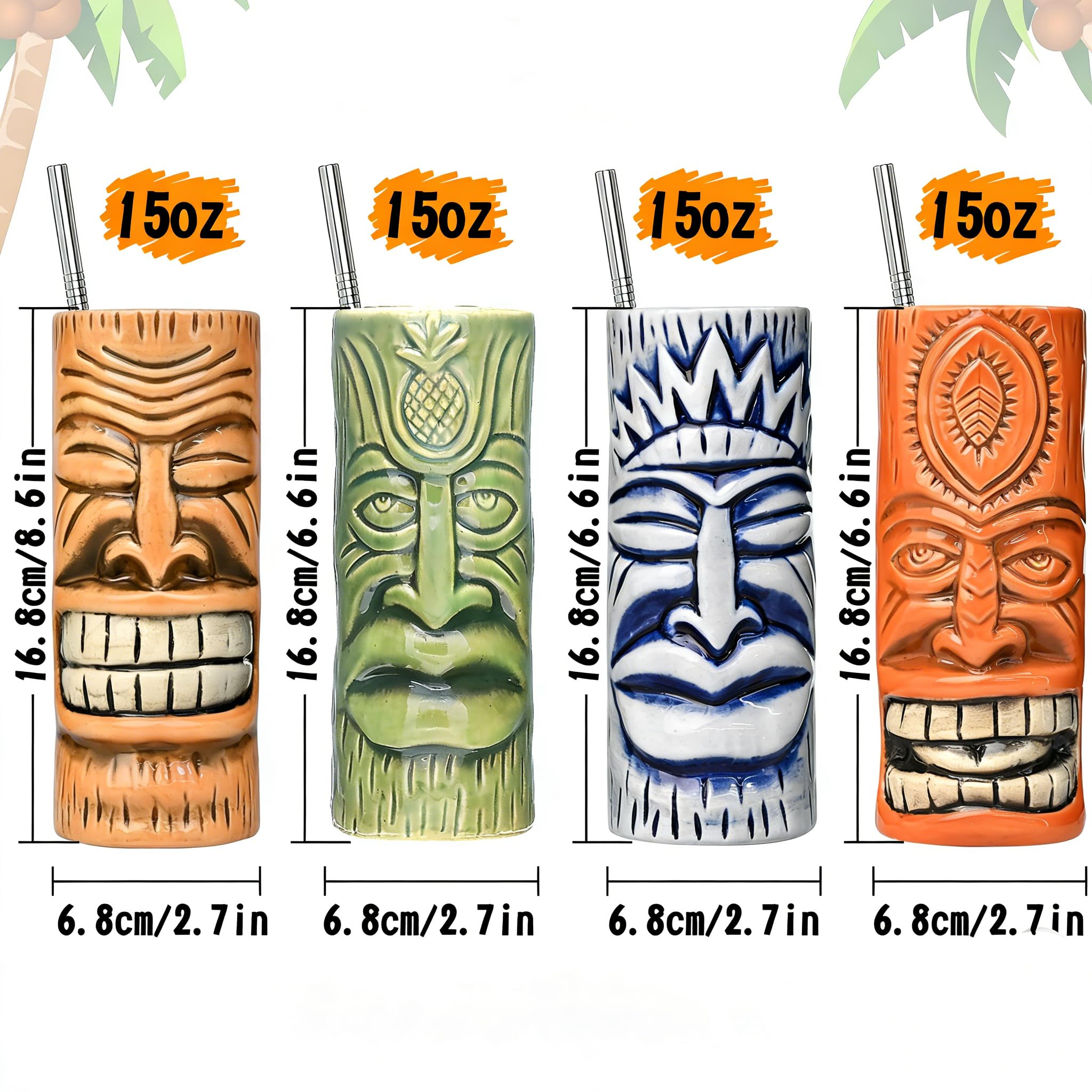 Tiki zestaw 4 kubków – ceramiczne kubki koktajlowe ze szkła Tiki, unikalne kieliszki koktajlowe, do baru, profesjonalny kubek hawajski i naczynia barowe na Halloween, Boże Narodzenie