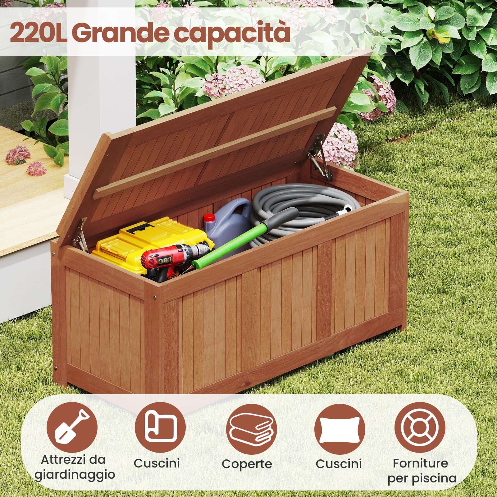 COSTWAY Baule da Giardino 220L, 3 in 1 Cassapanca Contenitore in Legno Massello con Coperchio Ribaltabile e Bordi Rialzati, Panca Portaoggetti per Interni e Esterni, 113,5 x 52 x 58,5 cm