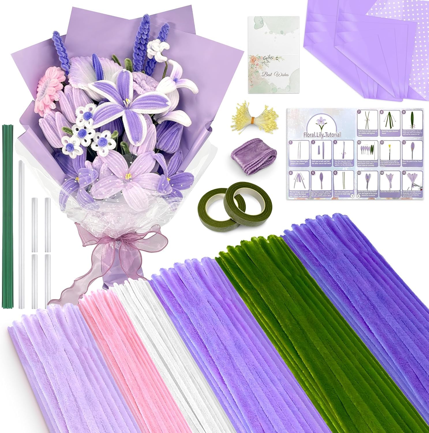 500 PCS Purple Pipe Cleaners Craft Kit, 6 Colours 12inch x 6mm Chenille Stems for Flower Making, pipe cleaner flower kit with Floral Stems, Wrapping Paper, Stamens & Step-by-Step Instructions