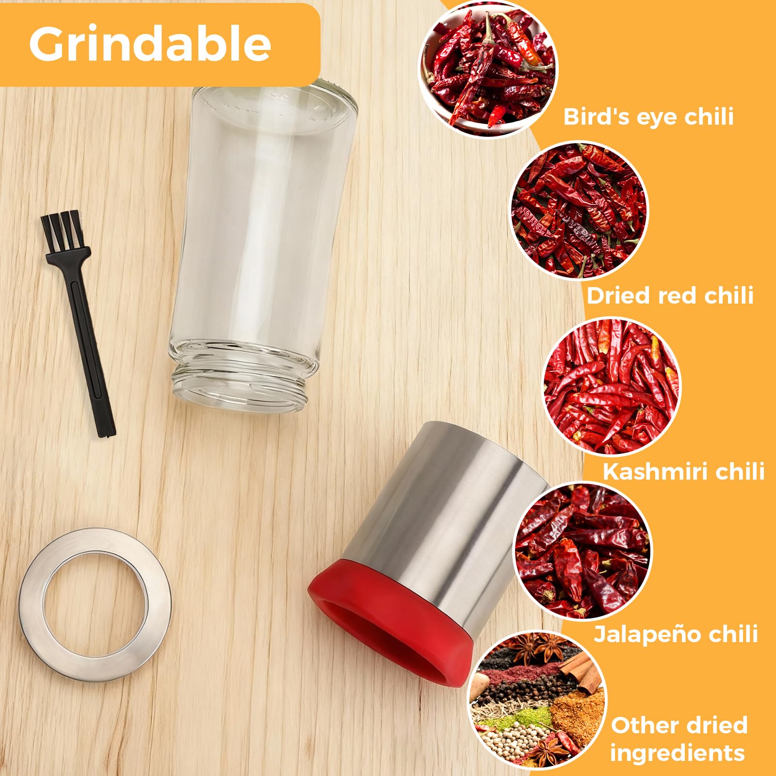 Moulin à Épices Inox avec 1 Brosse, 150ml Moulin Manuel en Verre Transparent, Broyeur Inox Réglable pour Piment, Poivre, Herbes Séchées, Graines, pour Cuisine et Barbecue