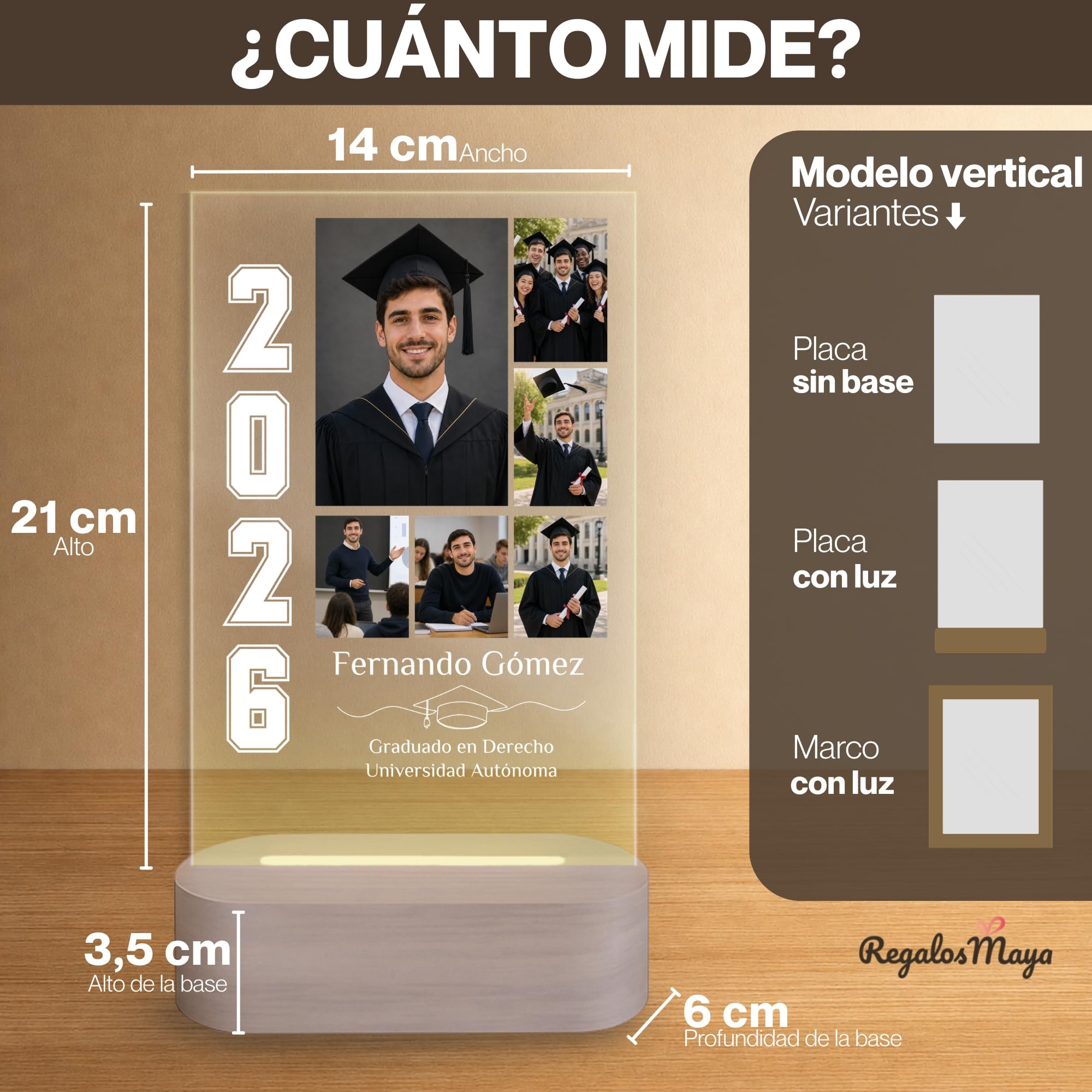 Lámpara personalizada graduacion - Regalo graduación personalizado con placa, fotos, nombre y curso 2026 para infantil, primaria, ESO, bachillerato, universidad - Varios modelos disponibles