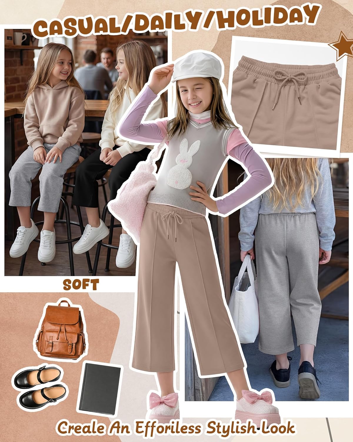 3 Pack Girls Capri Pants Wide Leg Elastic Waist Drawstring Capris with Side Pockets Casual Trousers 5-14 Years