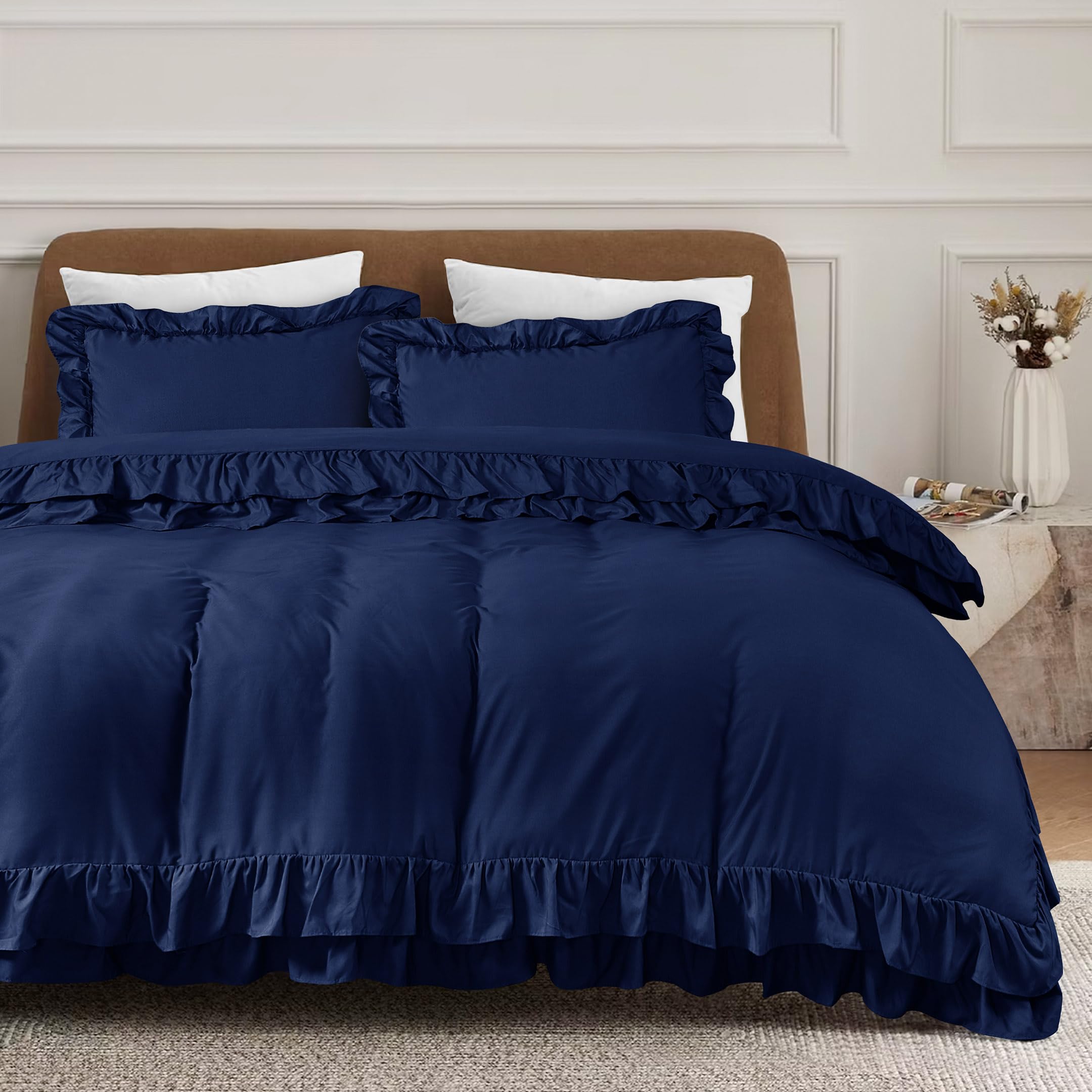 QATAN 3 Pieces Ruffle Bedding Set with 2 Pillowcase Frills Duvet Cover with Button Closure Soft Microfiber Duvet Cover Set (Navy, King) — image 1
