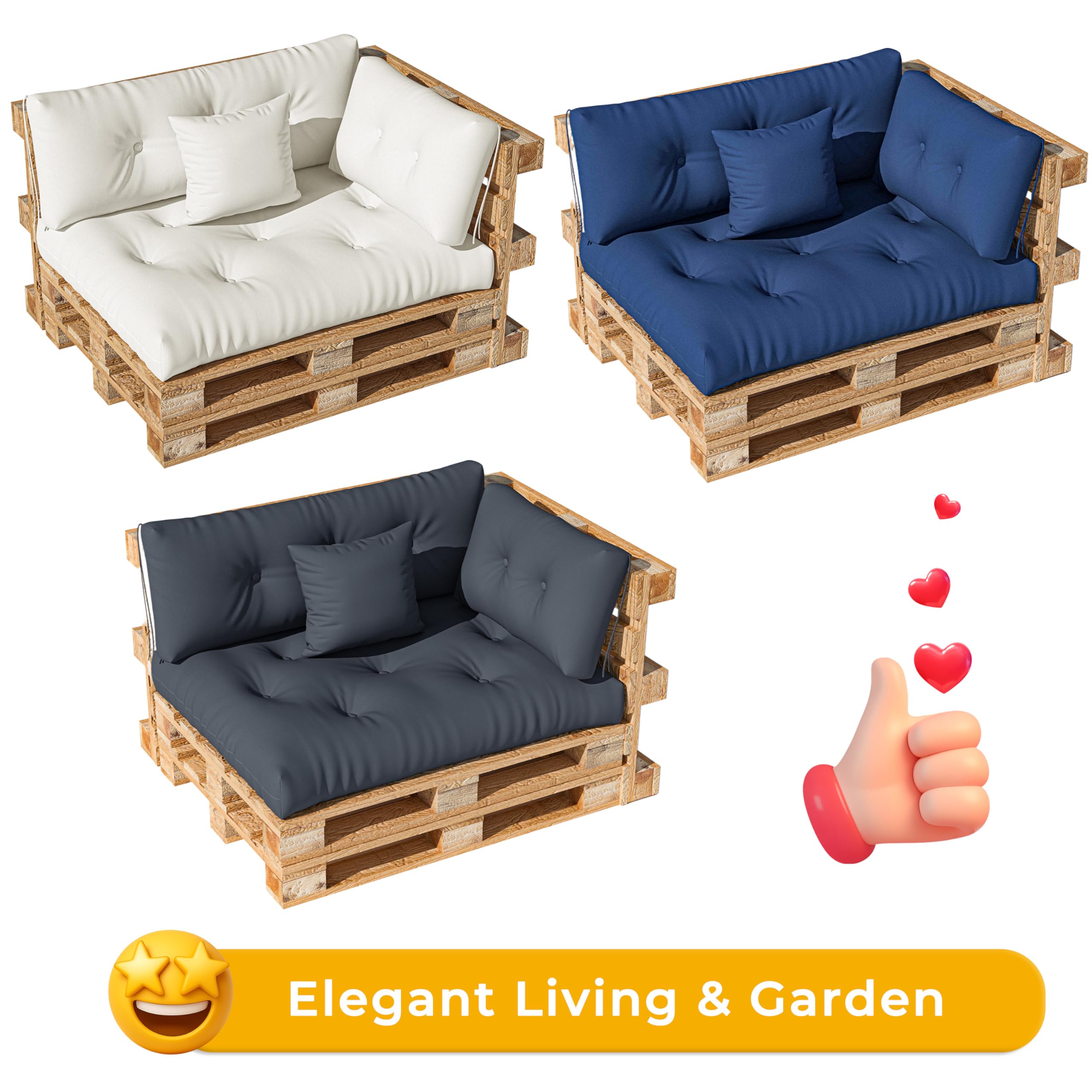 Set di cuscini per pallet 4 pezzi – Cuscino di seduta 120x60 + Schienale 120x40 + Cuscino d'angolo 40x40 + Cuscino decorativo 40x40 – Comodi cuscini da giardino per mobili pallet