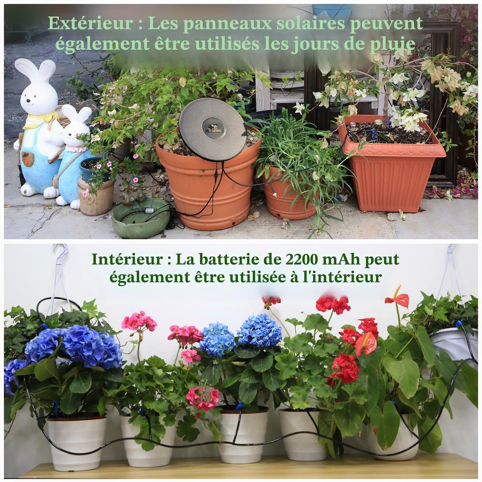 Paquet de 2 Kit Arrosage Automatique Solaire, 2200mAh Arrosage Automatique Systeme, Programmateur Arrosage Solaire Exterieur pour Pot Fleur avec 15M Tuyau Arrosage et Détection Du Niveau D'eau