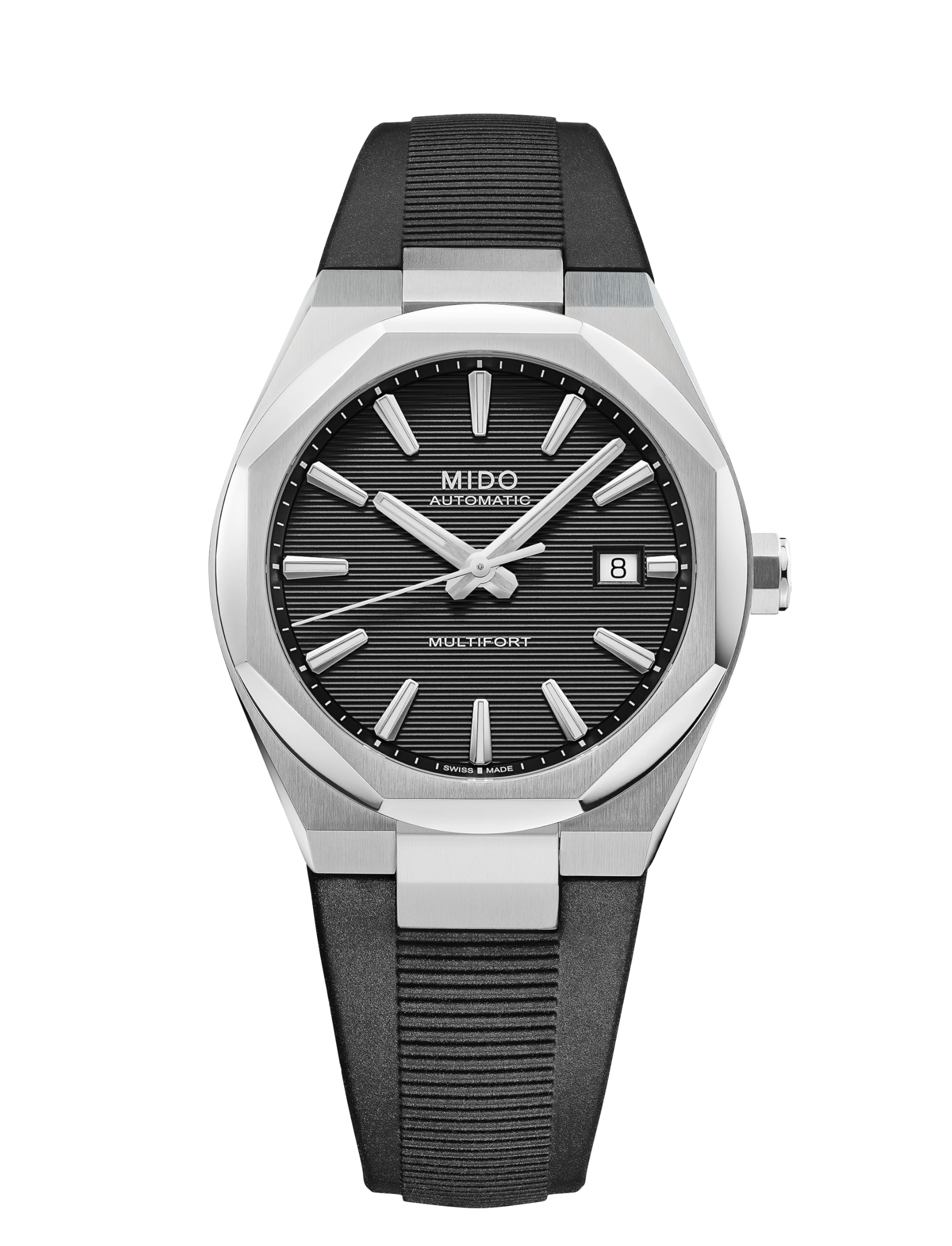 MIDO Multifort 8 One Crown - Orologio automatico svizzero da uomo, cassa in acciaio inossidabile da 40 mm con bordi satinati e lucidati, lunetta ottagonale, quadrante con scanalature orizzontali con