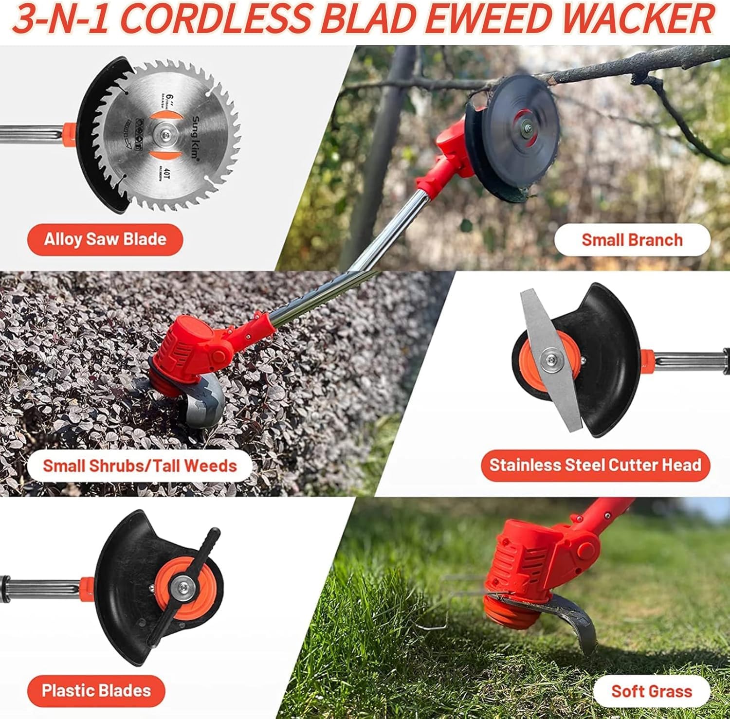 Decespugliatore elettrico da giardino, 21 V, senza fili, portatile, con 2 batterie e 3 tipi di lame, per cortile e giardino