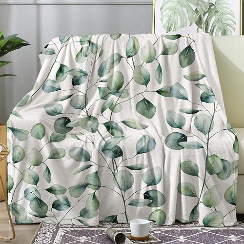 zcwl Manta de eucalipto tamaño Queen, manta de vellón de hojas verdes para sofá cama, sofá, mantas y mantas con patrones botánicos, manta de franela