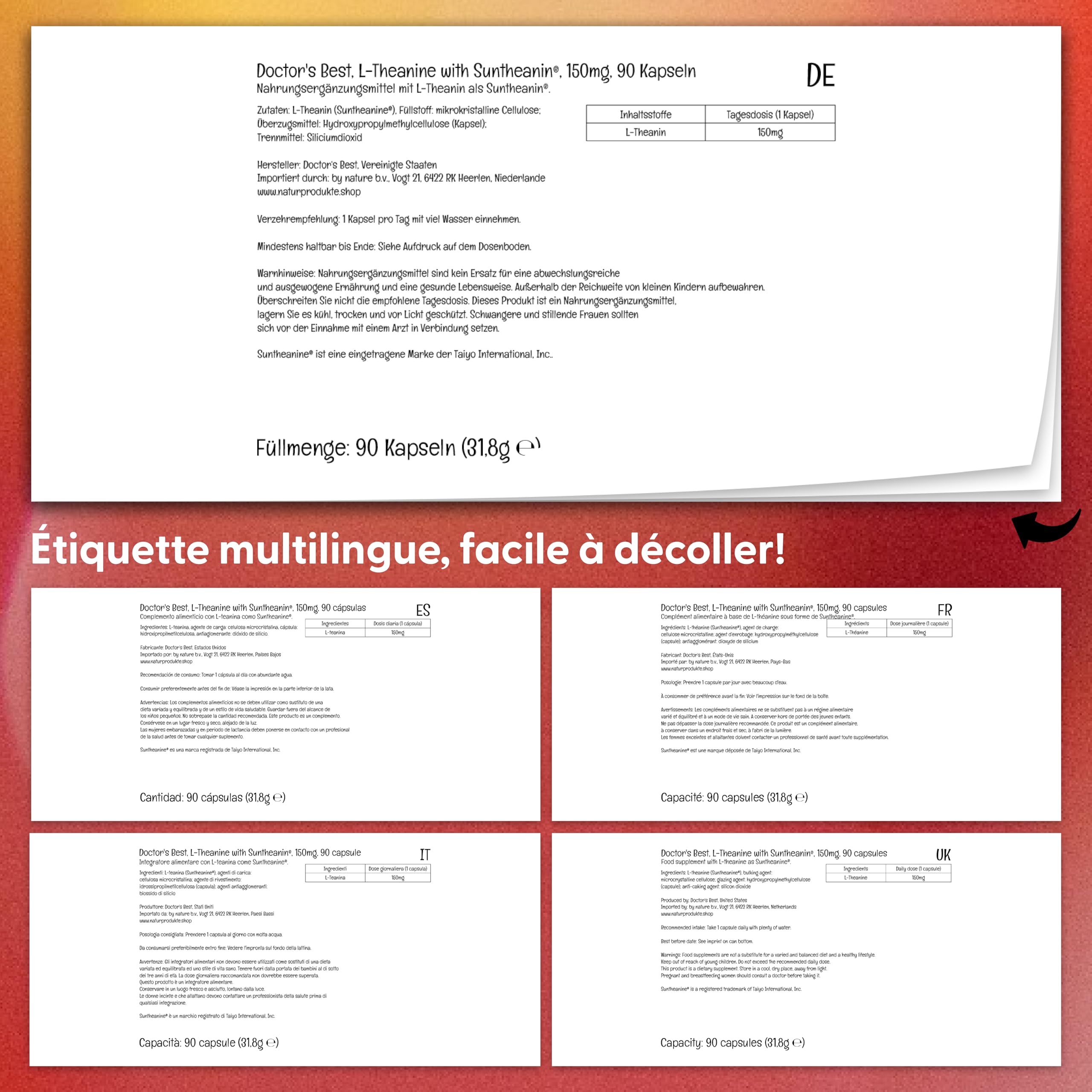 Doctor's Best, L-Théanine avec Suntheanine, 150 mg, 90 Capsules végétaliennes, Testé en Laboratoire, Sans Soja, Sans Gluten, Sans OGM, Acide Aminé