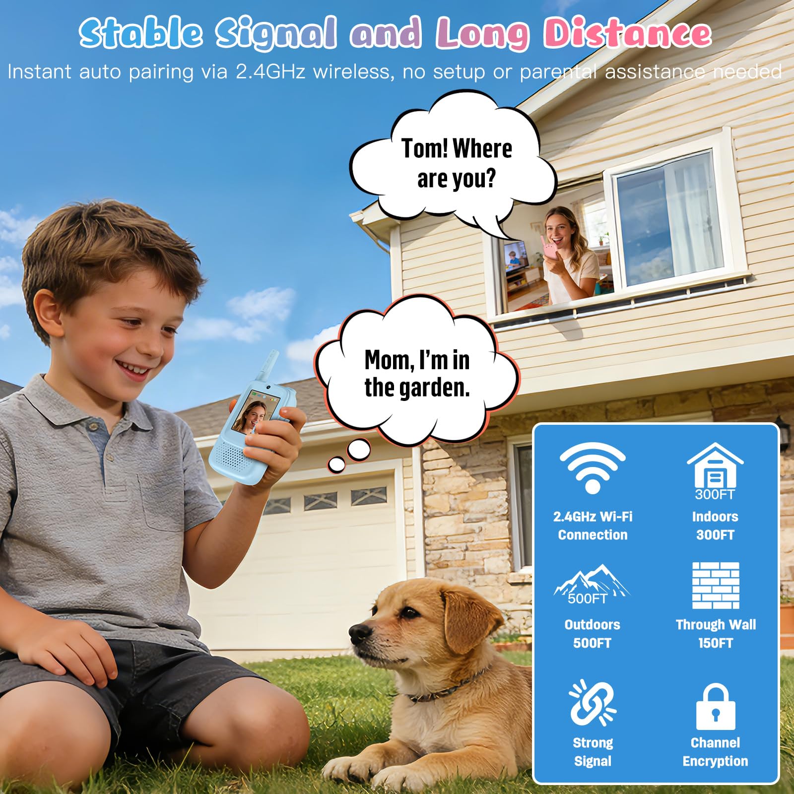 ZealSound Talkie Walkie Enfant Vidéo, Lot de 2 Rechargeables, 3 Effets Vocaux, Portée 200–300 m, Jouet Outdoor pour Filles et Garçons 3–12 Ans, Camping, Jardin, Cadeau Enfant, Q8 Bleu/Rose