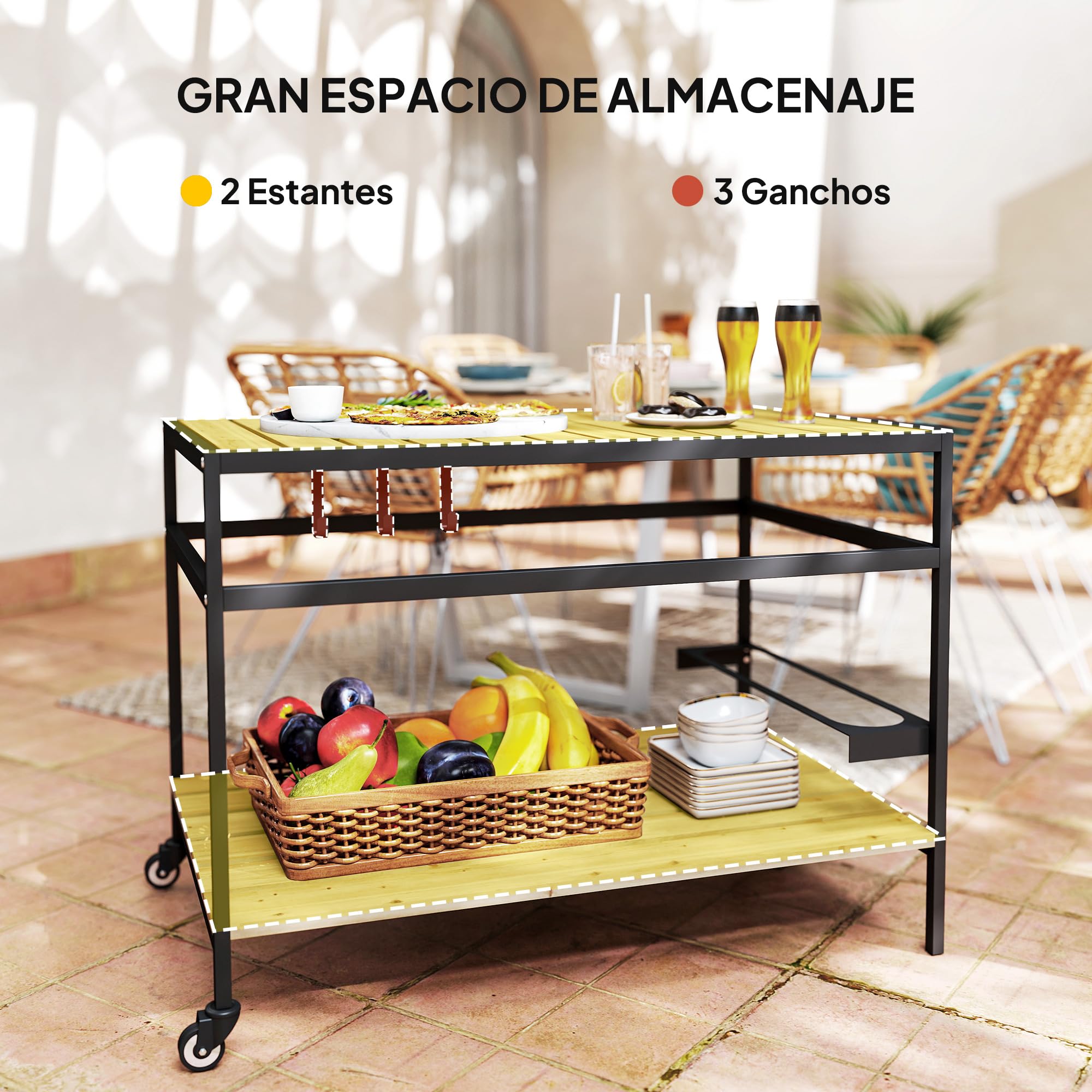 Outsunny Camarera con Ruedas de Madera Carro de Servicio con Encimera de Listones 2 Estantes 3 Ganchos y Asa para Jardín Terraza Patio 107x65x80 cm Natural
