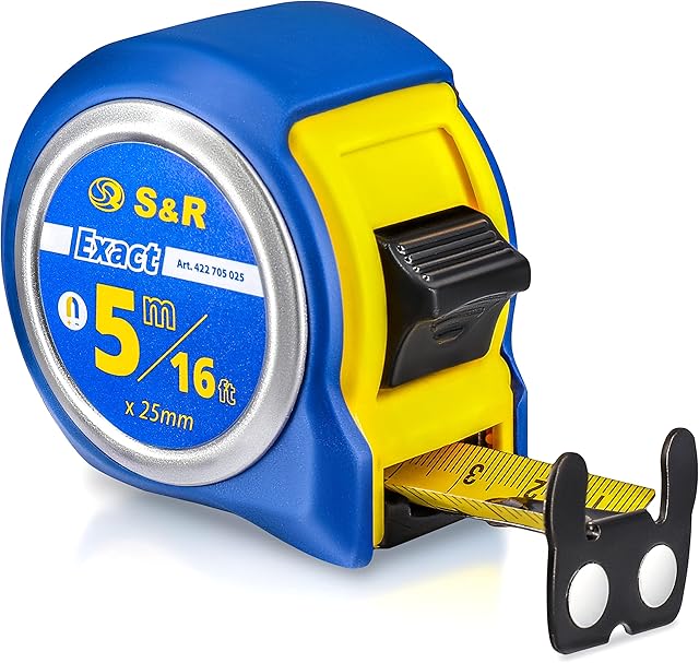 S&R Industriewerkzeuge Tape Measure Inch And Metric Q-Series 5M / 16 Ft, Tape 25 Mm, Nylon Coated, Measuring Pocket Tapes Impact Resistant, Rubberized Case