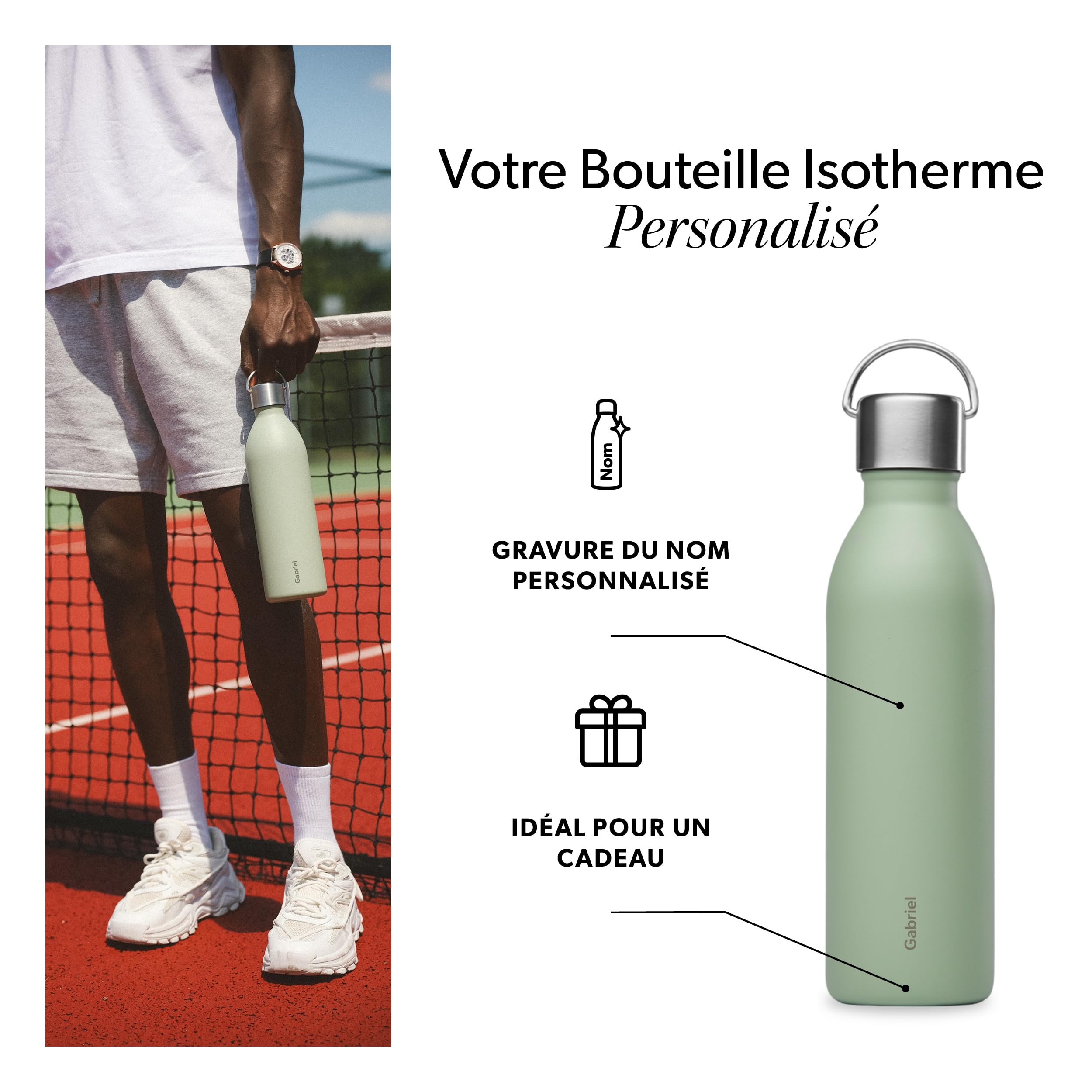 Qwetch - Bouteille Isotherme Personnalisable Noir 600ml - Gourde Prénom Gravé - 24h Froid/12h Chaud - Inox Recyclé - Étanche & Compacte