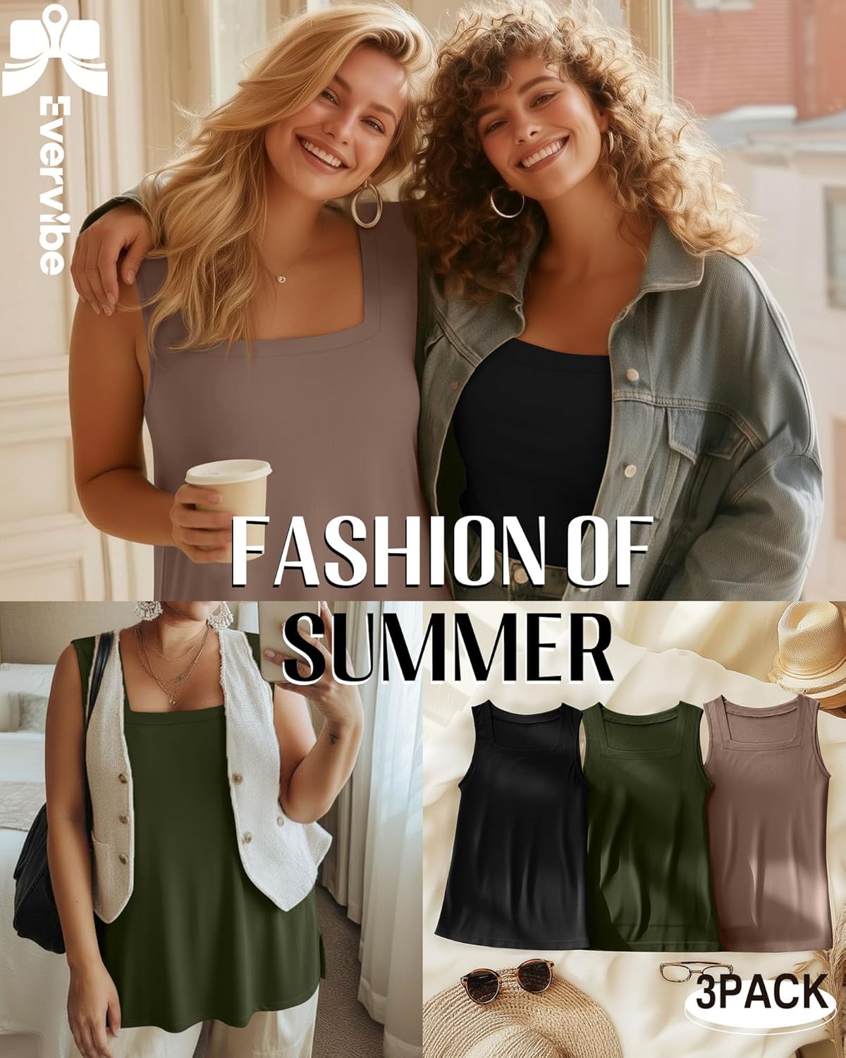 Evervibe 3 Pack Summer Plus Size Tank Tops for Women Sleeveless Tunic Shirts Square Neck Tops Side Slits 1X-5X