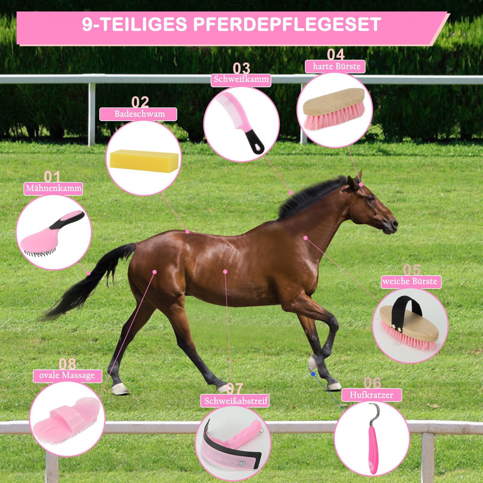 Kit de toilettage pour chevaux 9 pièces avec sac de transport, kit de nettoyage pour chevaux avec brosses souples et dures en bois, grattoir à sabot, crinière, grattoir à soudure, etc