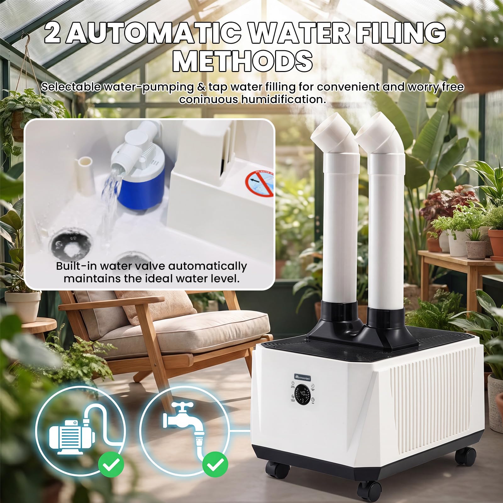 Mxmoonant Umidificatore industriale 8000ml/H, 3 livelli, 16 nuclei | doppie uscite, pannello touch smart con timer, funzione intervallo