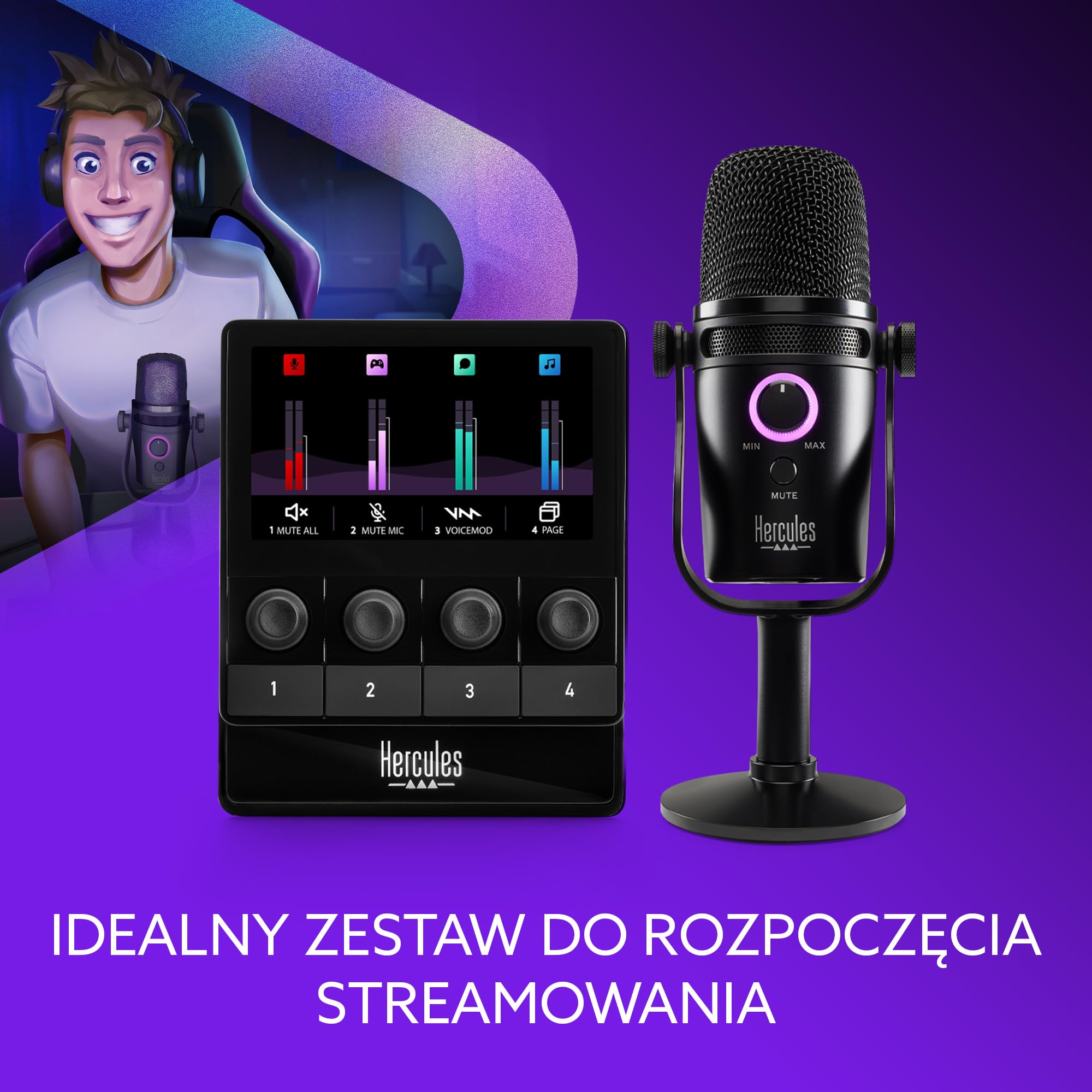 Hercules Stream Starter Kit - Kontroler Stream 100 + Mikrofon HUD-600 | Kontroler LCD Stream 100, mikrofon USB/XLR HUD-600, 4 enkodery, 4 przyciski, 3 miesiące Voicemod Pro w zestawie