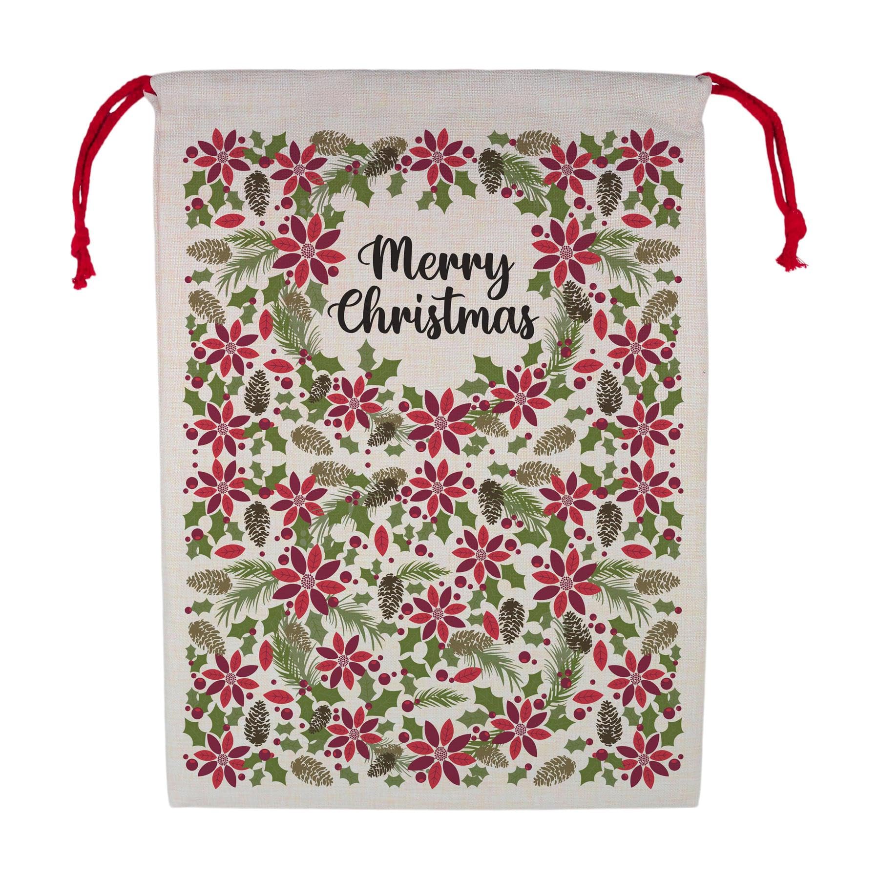 Purely Home Merry Christmas Poinsettia Santa Sack - Large Linen-Style Present Bag for Xmas Gifts with Red Drawstring Ties