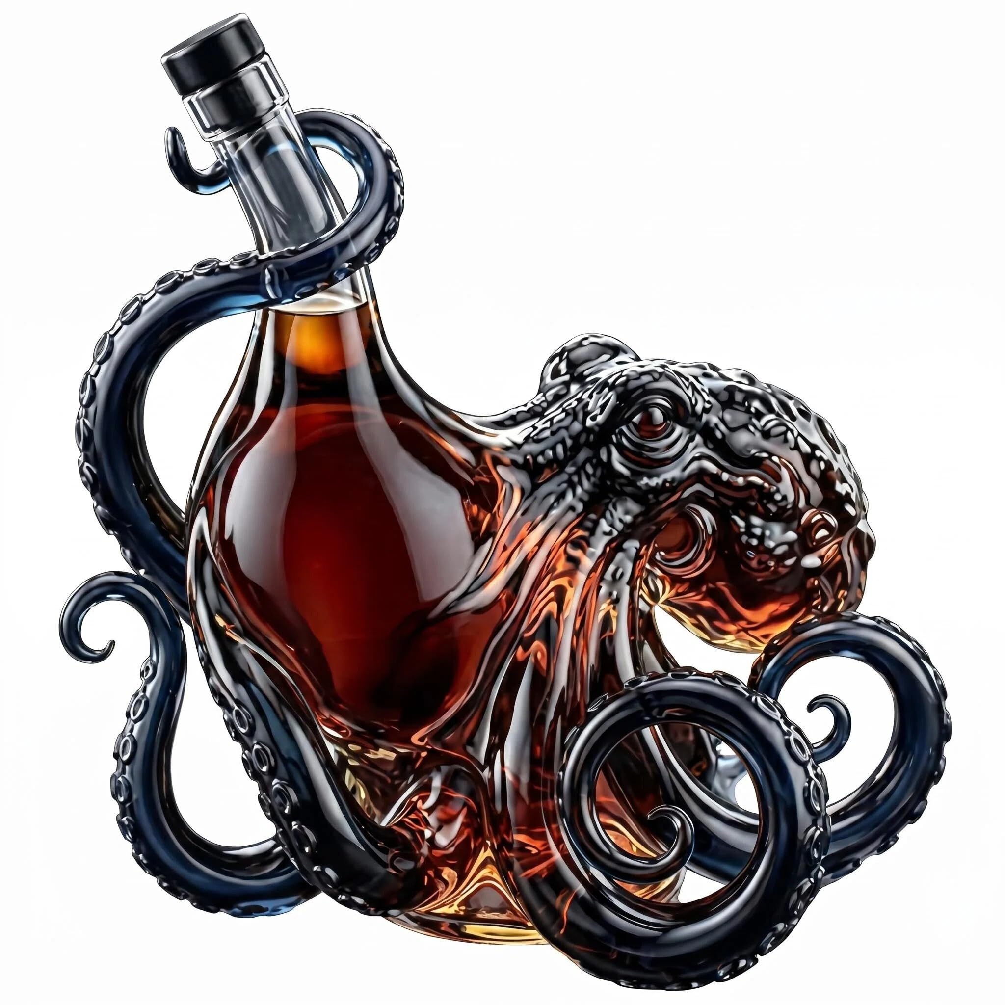 Muiltvoe Rum Edition 3D Octopus Bottle Octopus Whiskey Decanter | 3D Sculpted Octopus Bottle for Whiskey Wine Spirits, 300ml Borosilicate Glass Liquor Decanter, Octopus Rum Bottle for Men