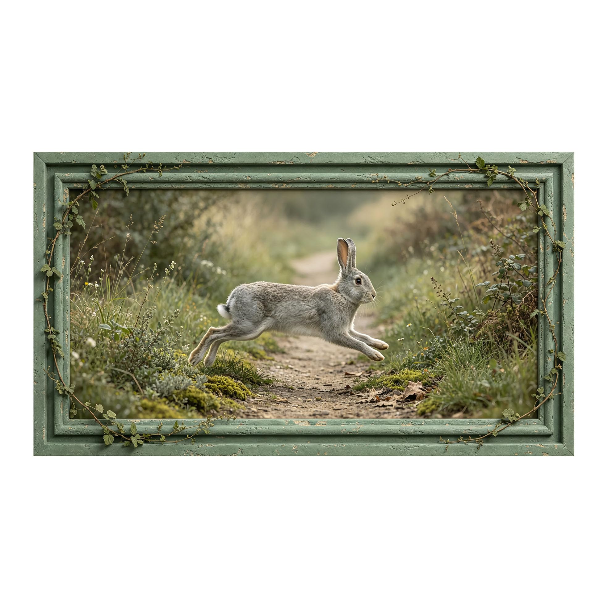 Murasolite 3D 3D Framed Wall Art 50cm×90cm Jumping Rabbit Meadow Landscape Realistic Style SelfAdhesive Fabric Mural Wall Decor, Peel and Stick No Damage to Wall for Bedroom Living Room